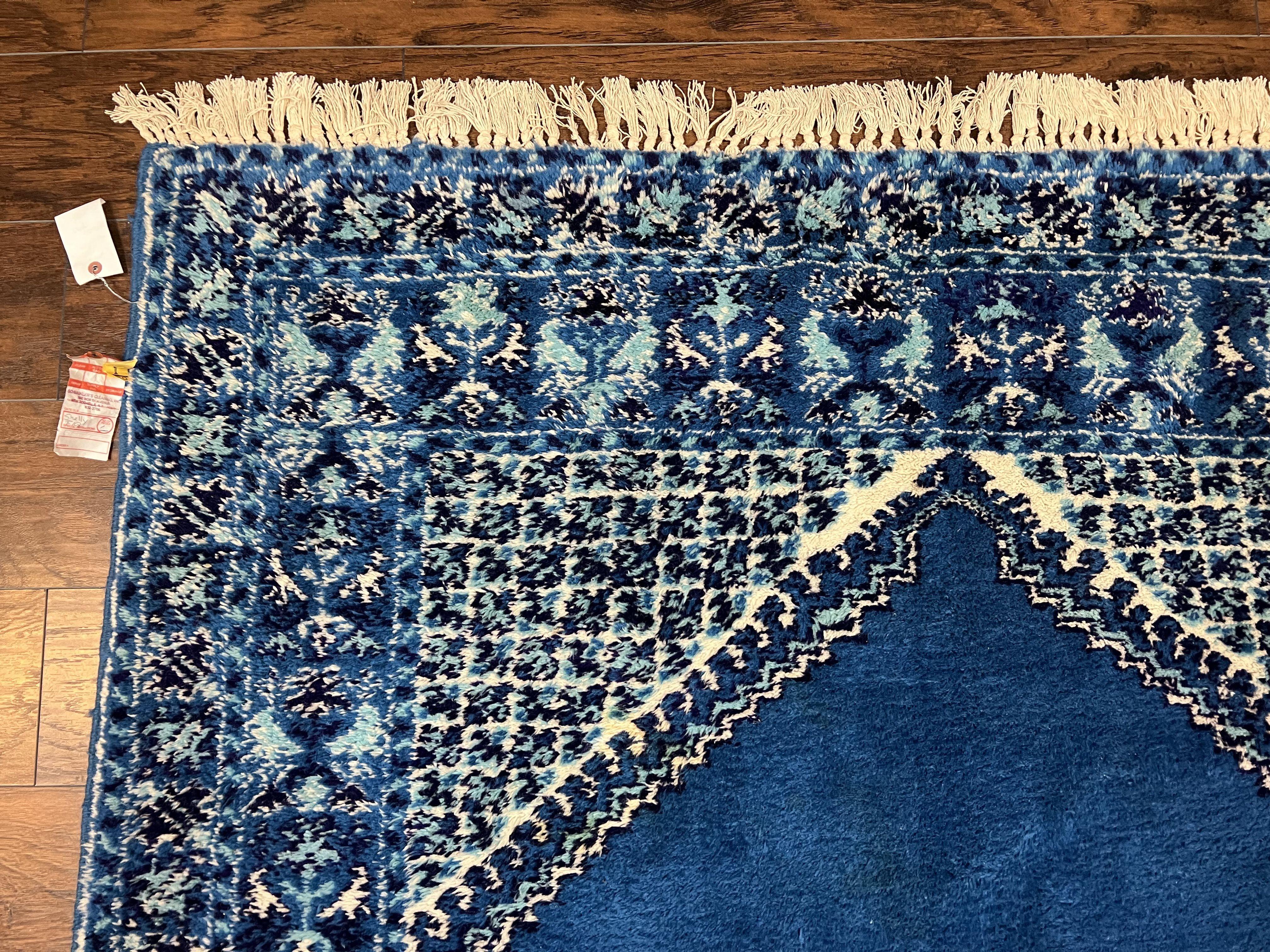 Vintage Moroccan Rug 5.6 x 7.6, Blue and Ivory Area Rug, Hand-Knotted Oriental Carpet, Geometric Medallion Open Field, Soft Wool Rug, Nice - Jewel Rugs