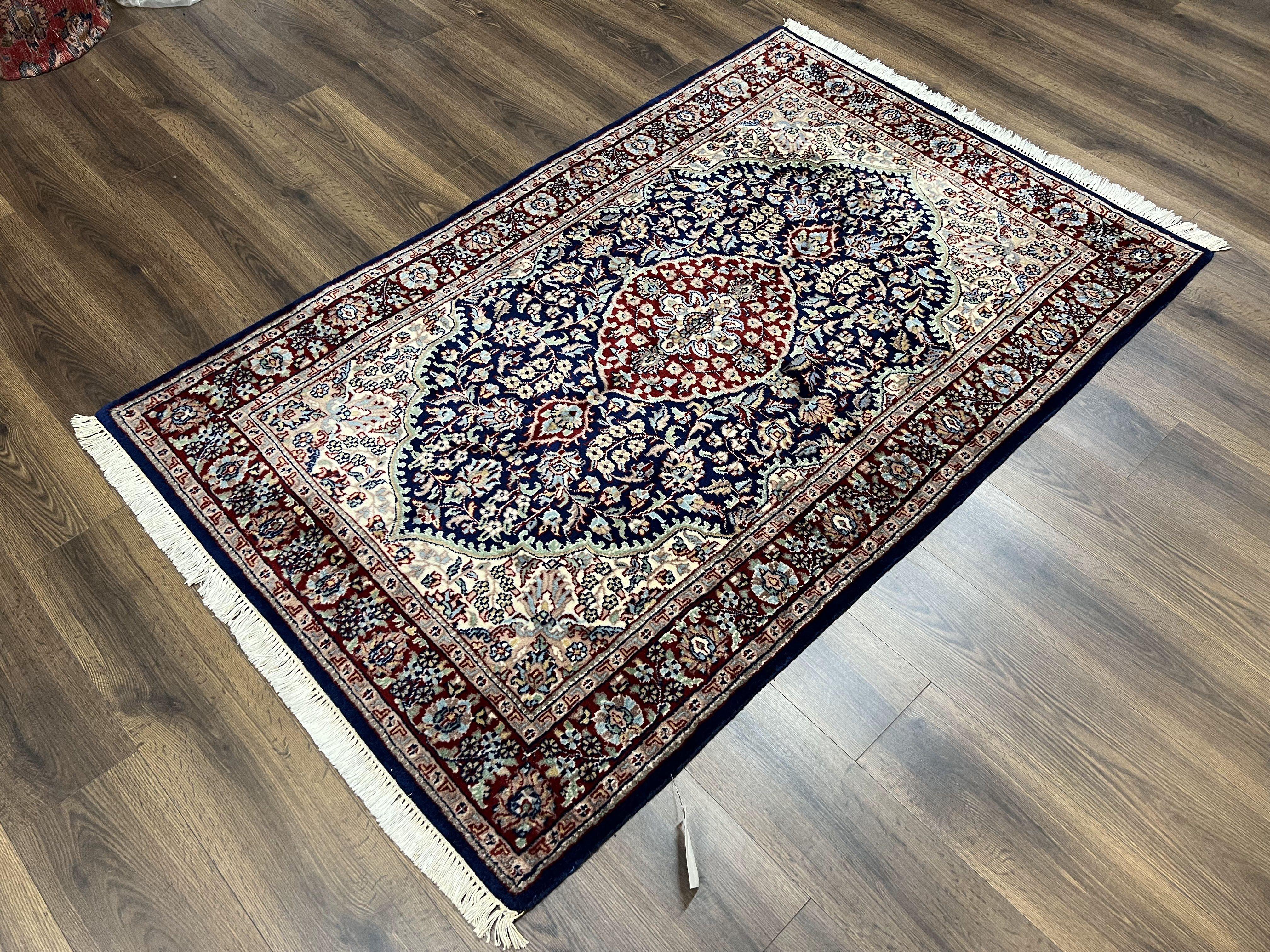 Indo Persian Rug 4 x 6.5, Navy Blue and Ivory/Cream, Hand-Knotted Wool Indian Oriental Carpet, Floral Medallion, Traditional Entryway Rug - Jewel Rugs