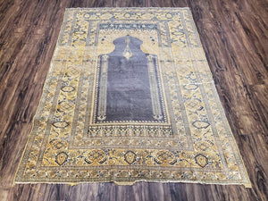 Rare Turkish Ghiordes Prayer Rug 4 x 5.8 ft, Late 19th Century Turkish Oriental Carpet, Mehrab Antique Prayer Rug, Museum Quality, Blue, Tan - Jewel Rugs