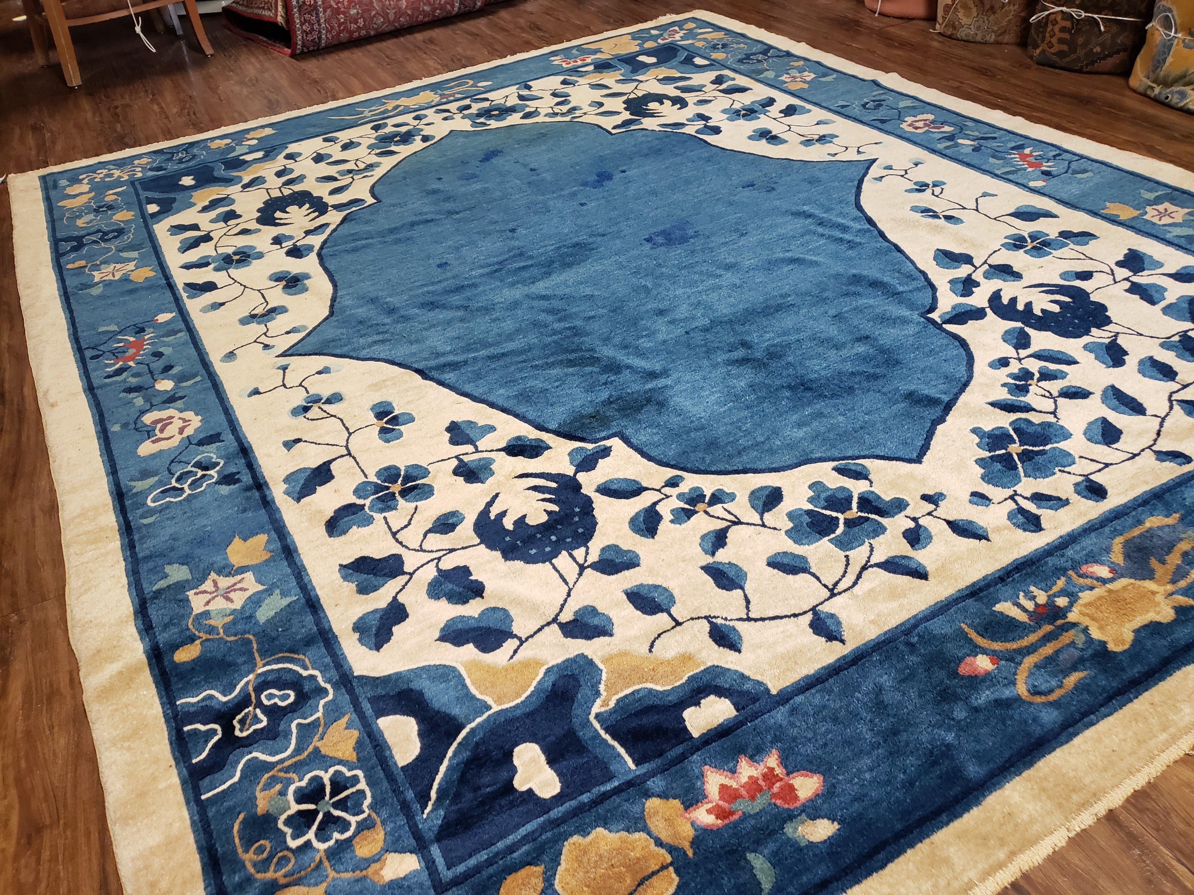 1920s Antique Chinese Art Deco Rug 8x10, Hand-Knotted Asian Oriental Area Rug 8 x 10, Blue & Beige Peking Carpet, Nice Chinese Floral Motifs - Jewel Rugs