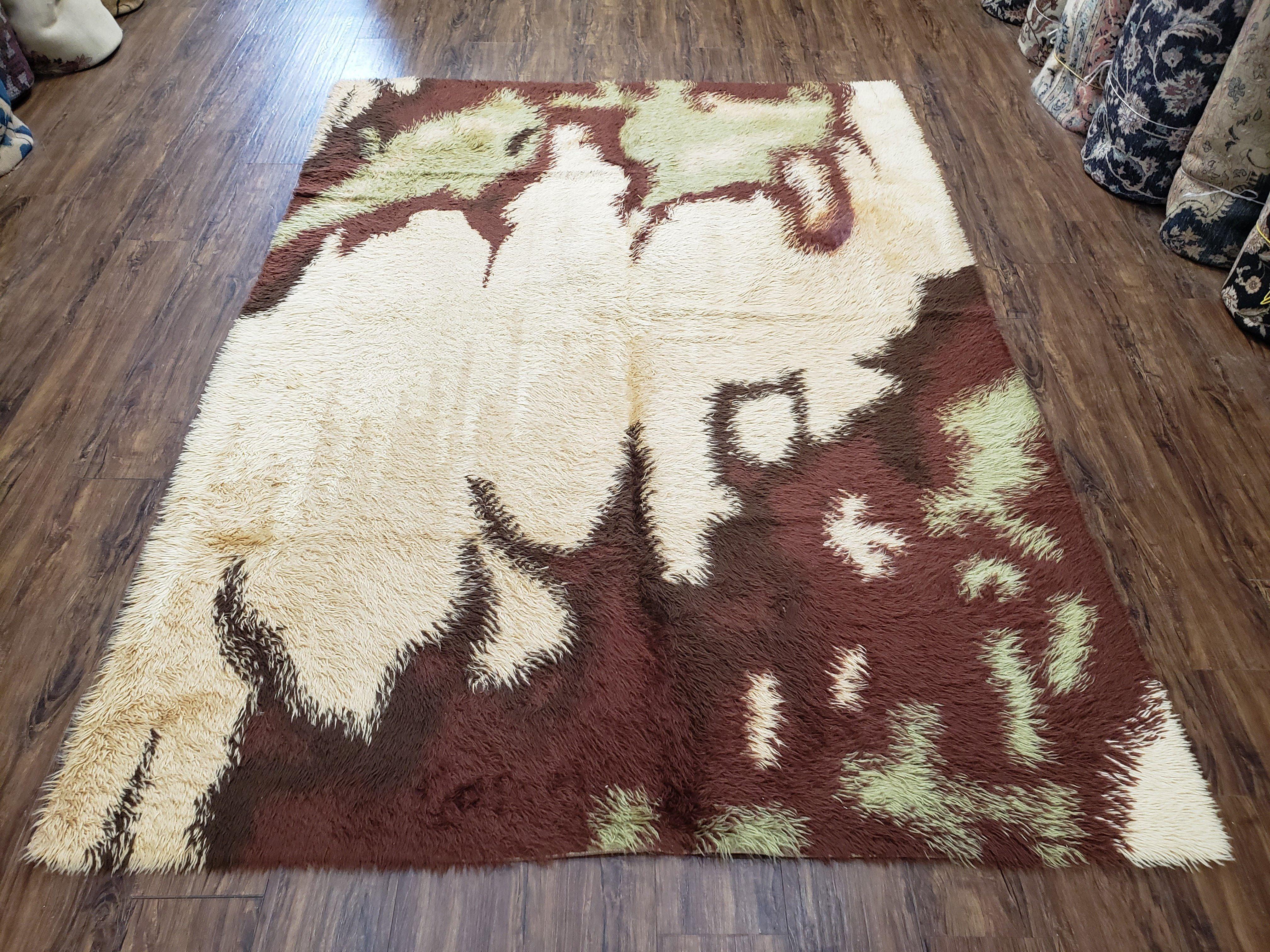 Danish Rya Shag Rug 6x8 Mid Century Ege Rya Area Rug, Ivory Maroon Multicolor Abstract 1960s Shag Carpet, Cowhide Pattern, Living Room Rug - Jewel Rugs