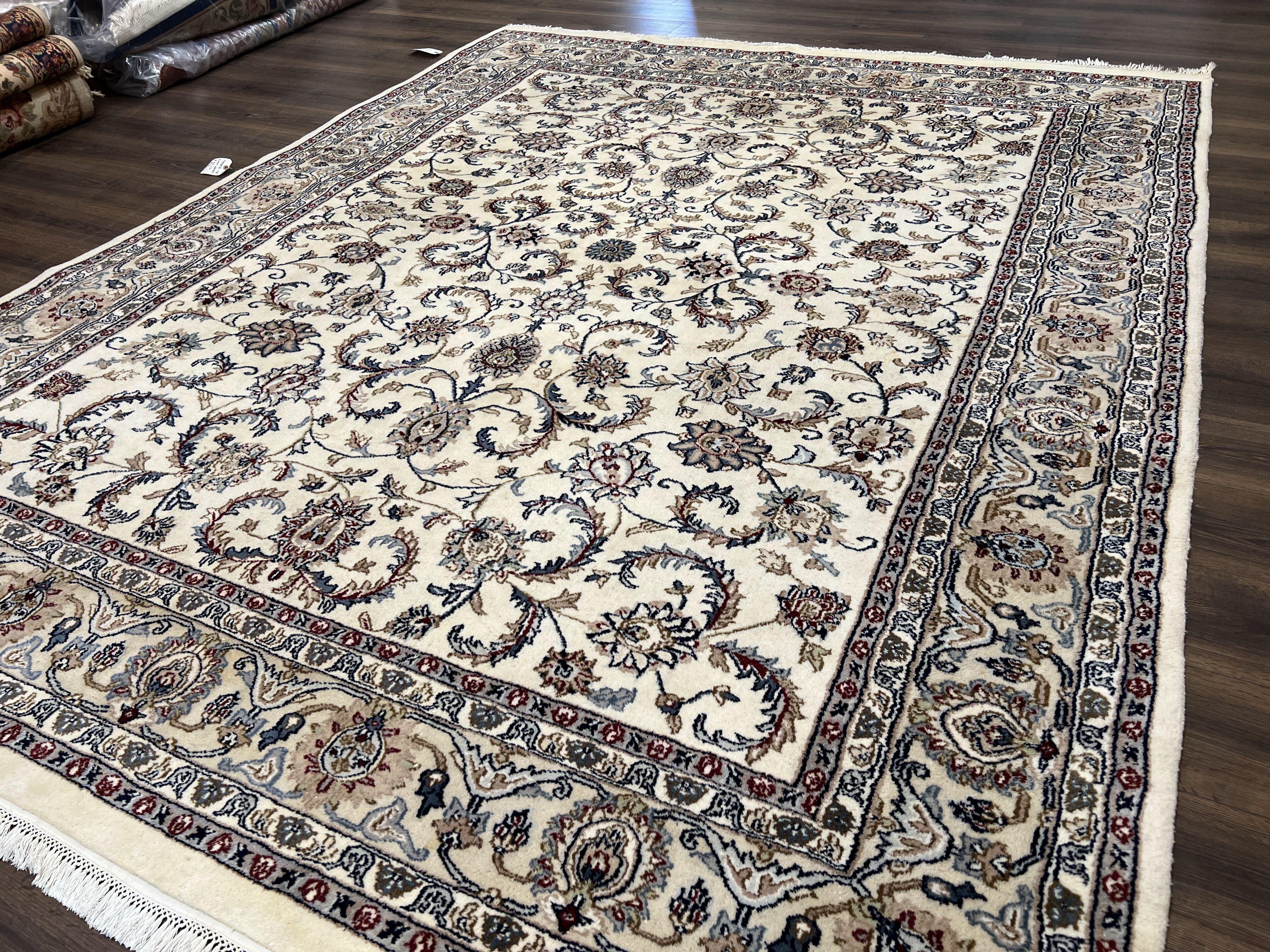 Indo Persian Area Rug 8x10, Wool Rug, Indian Oriental Carpet 8 x 10, Hand-Knotted Vintage Rug, Floral Allover, Ivory Light Gray Taupe Teal - Jewel Rugs