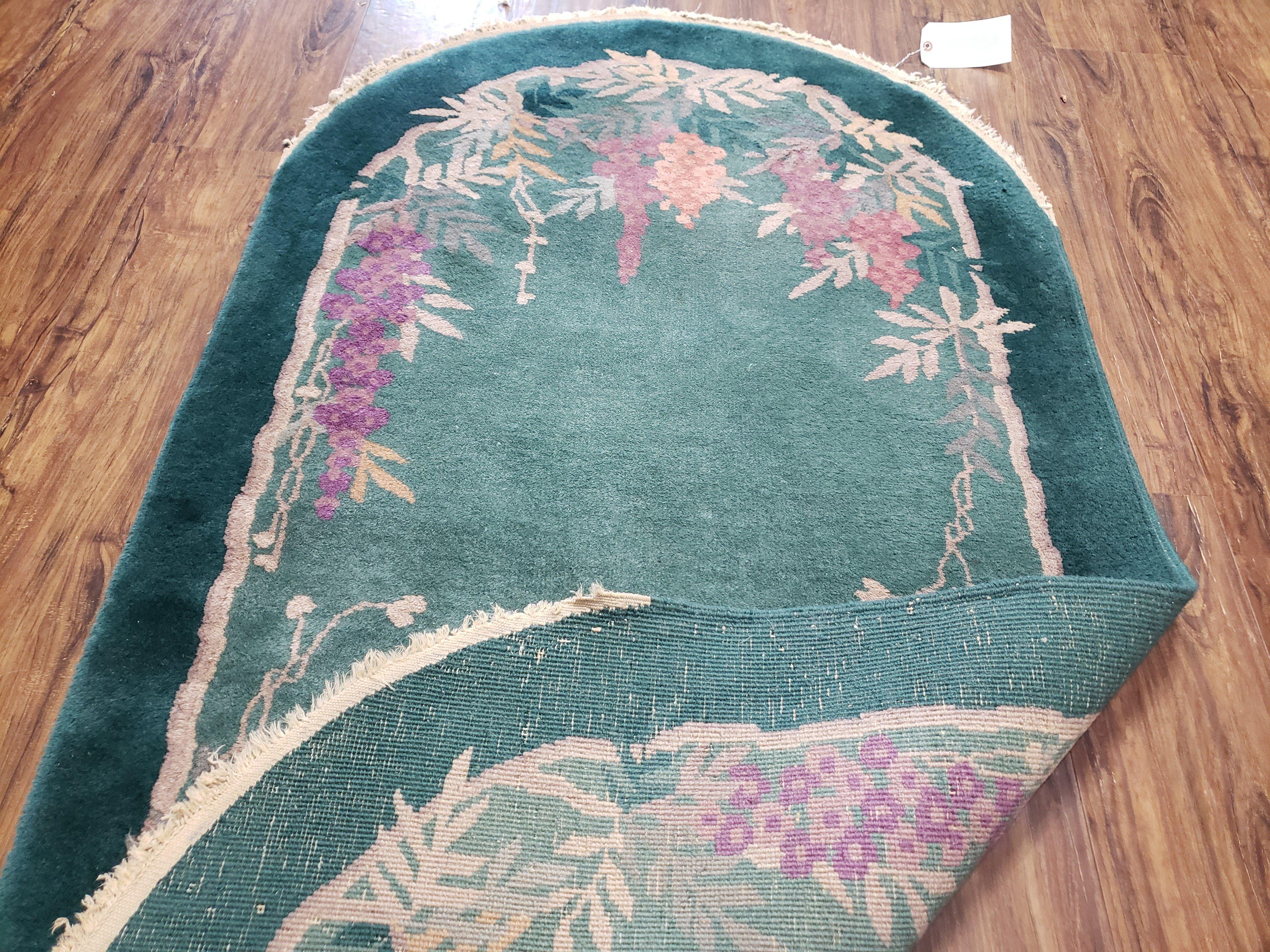 Oval Chinese Peking Rug, Teal Chinese Rug, Antique Art Deco Rug, Nichols Rug Oval, 3' x 5' 9", Teal and Green with Flowers, Wool, Handmade - Jewel Rugs