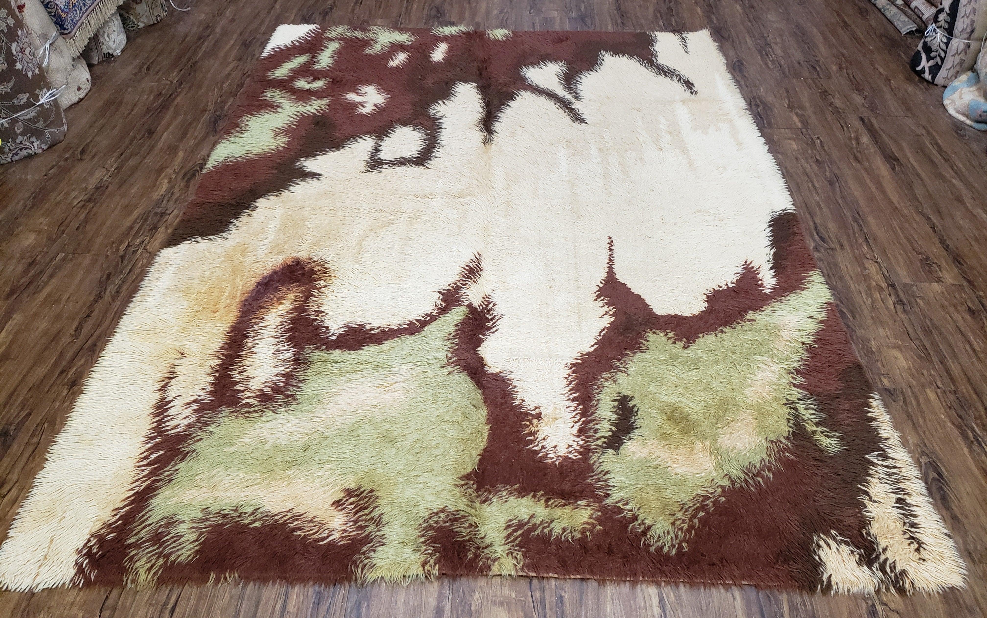 Danish Rya Shag Rug 6x8 Mid Century Ege Rya Area Rug, Ivory Maroon Multicolor Abstract 1960s Shag Carpet, Cowhide Pattern, Living Room Rug - Jewel Rugs