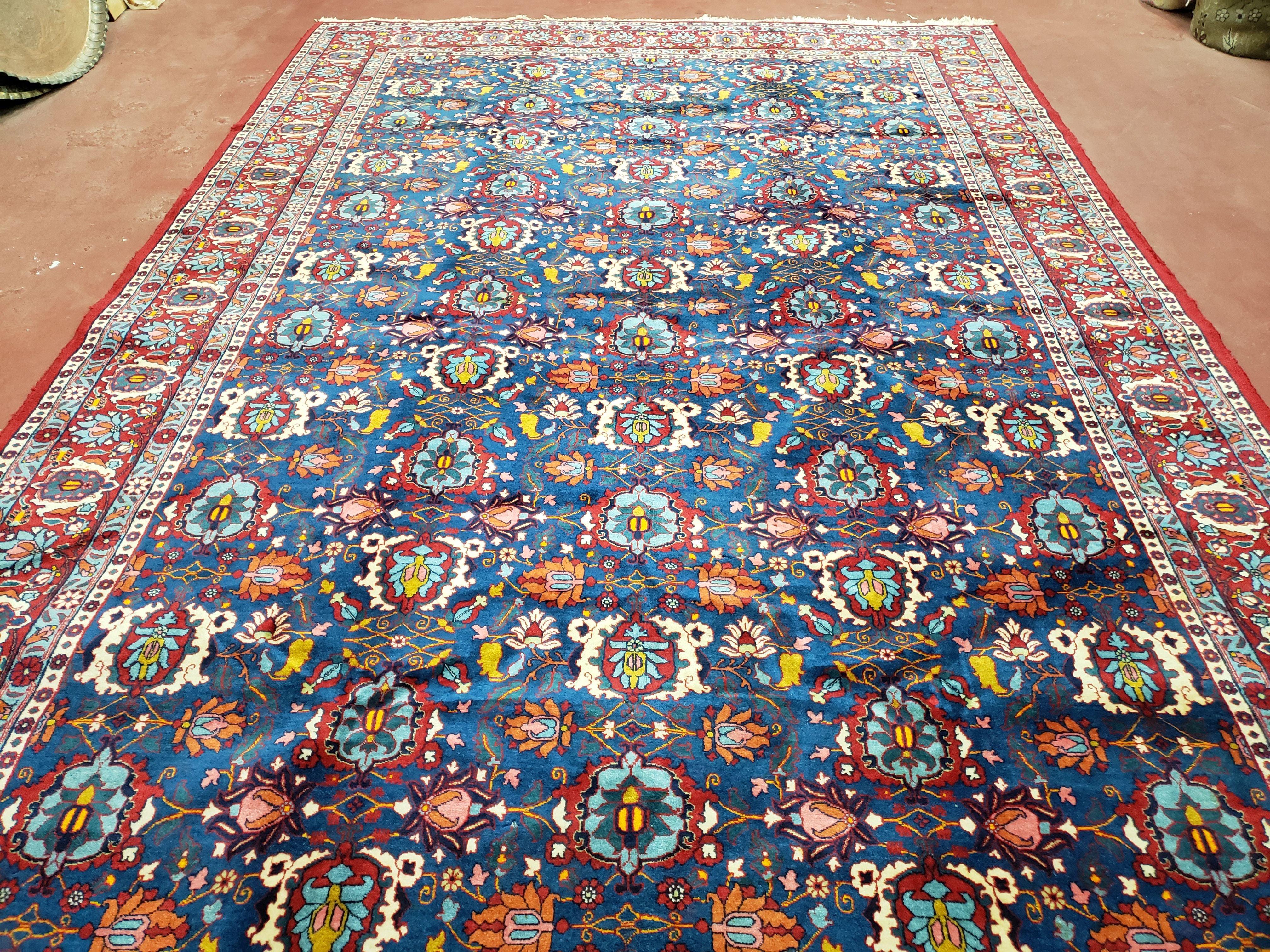 Rare Antique Persian Veramin Carpet, Mina-Khani Pattern, Blue, Red, Ivory, 7x11 ft, Hand-Knotted, Wool - Jewel Rugs