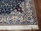 Persian Nain Rug, Lachak Toranj Design, Wool with Silk Highlights, Floral Medallion, Hand-Knotted, Blue & Ivory, 5' x 8' 4" - Jewel Rugs