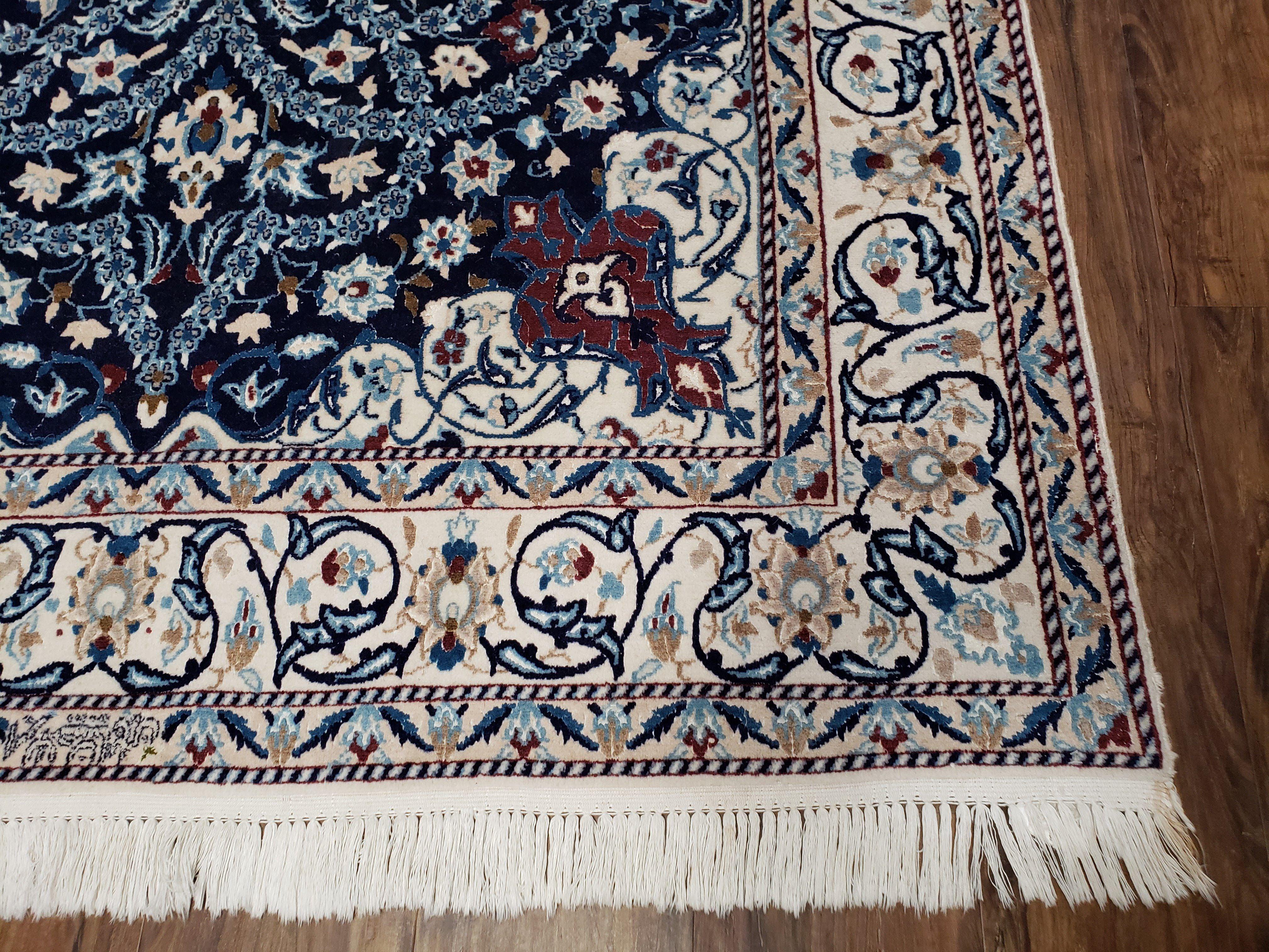 Persian Nain Rug, Lachak Toranj Design, Wool with Silk Highlights, Floral Medallion, Hand-Knotted, Blue & Ivory, 5' x 8' 4" - Jewel Rugs