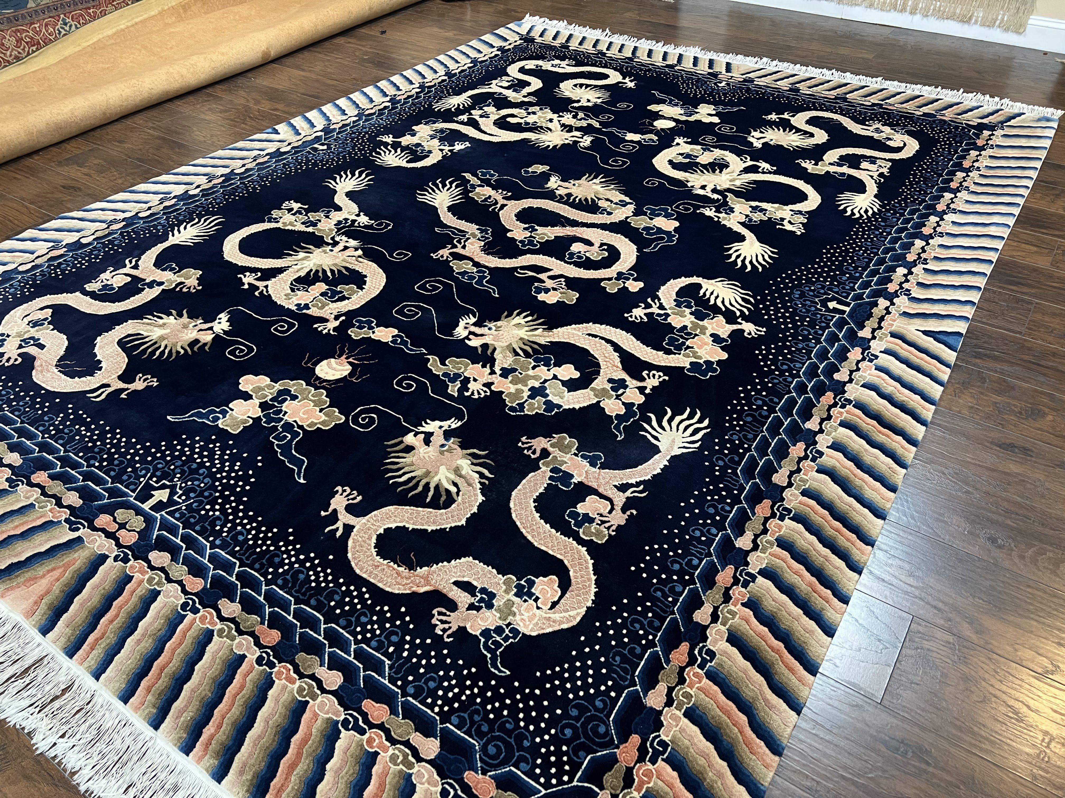 Rare Chinese Peking Rug 8x11, Chinese Dragon Carpet with Rainbow Border, Navy Blue and Beige, Handmade Hand Knotted, Semi Antique, Wool Rug - Jewel Rugs