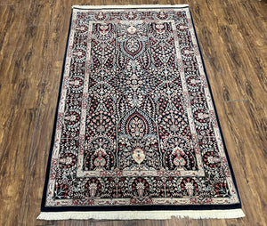 Fine Indo Kirman Persian Rug 3'9" x 6', Floral Allover Millefleurs, Persian Vase Rug Vintage Oriental Carpet Wool Handmade Black Indian Rug - Jewel Rugs
