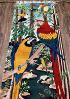 Chinese Wall Hanging Tapestry with Rod 2 x 6, Parrots Butterflies Safari Scene, Soft Wool on Silk Foundation, Handmade Hand Knotted Vintage - Jewel Rugs