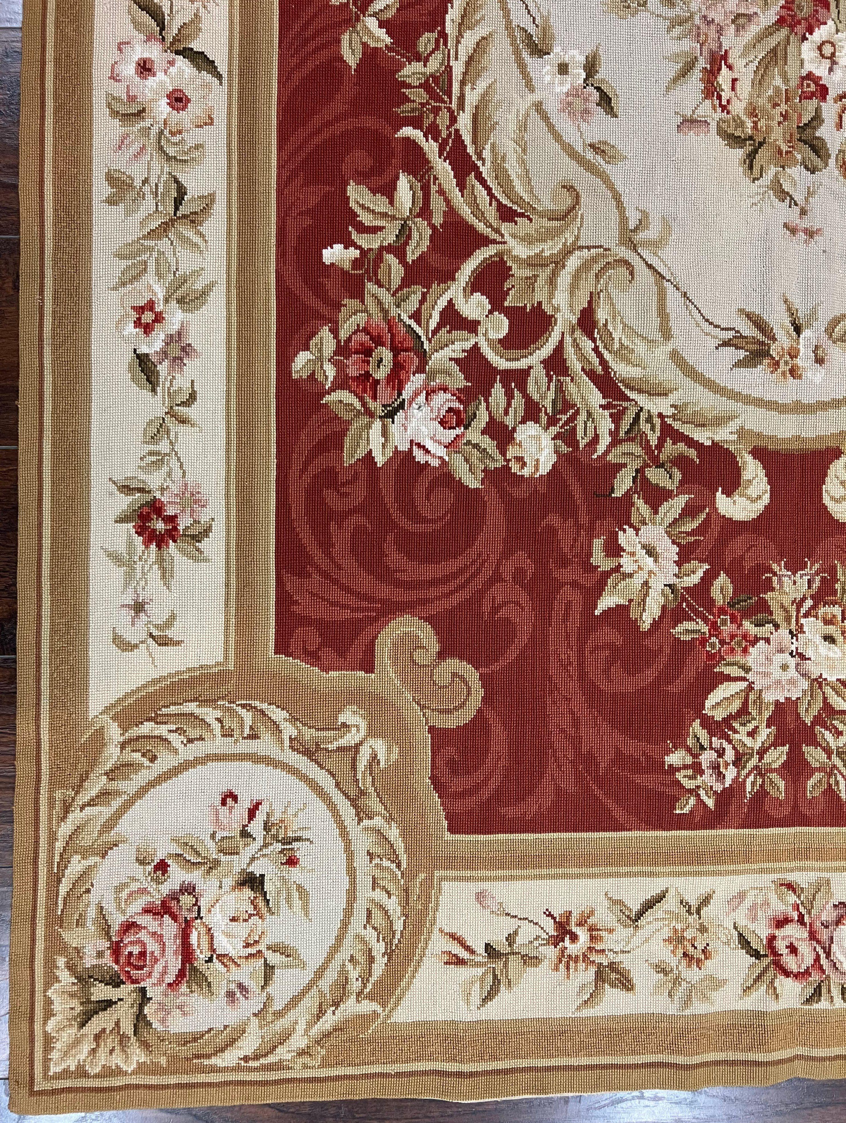 Aubusson Needlepoint Rug 5x8, Red Ivory Tan, Vintage Needlepoint Carpet 5 x 8 ft, Handmade Hand woven Wool, French European, Medium Size Rug - Jewel Rugs