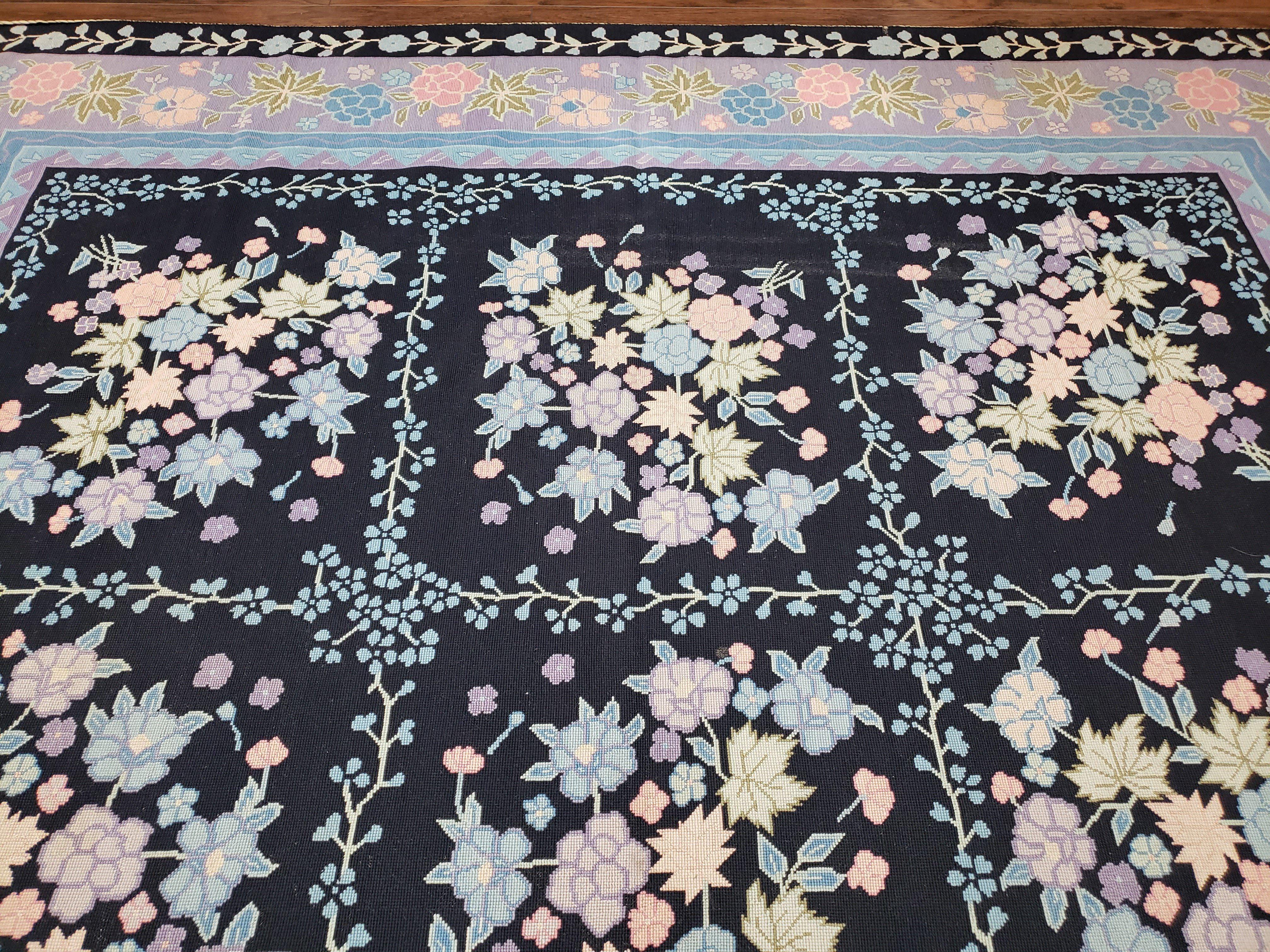 Chinese Needlepoint Rug 8 x 11.4, Hand-Woven Area Carpet, Flatweave Rug, Black Blue Light Violet Floral Garden European Design Wool Aubusson - Jewel Rugs