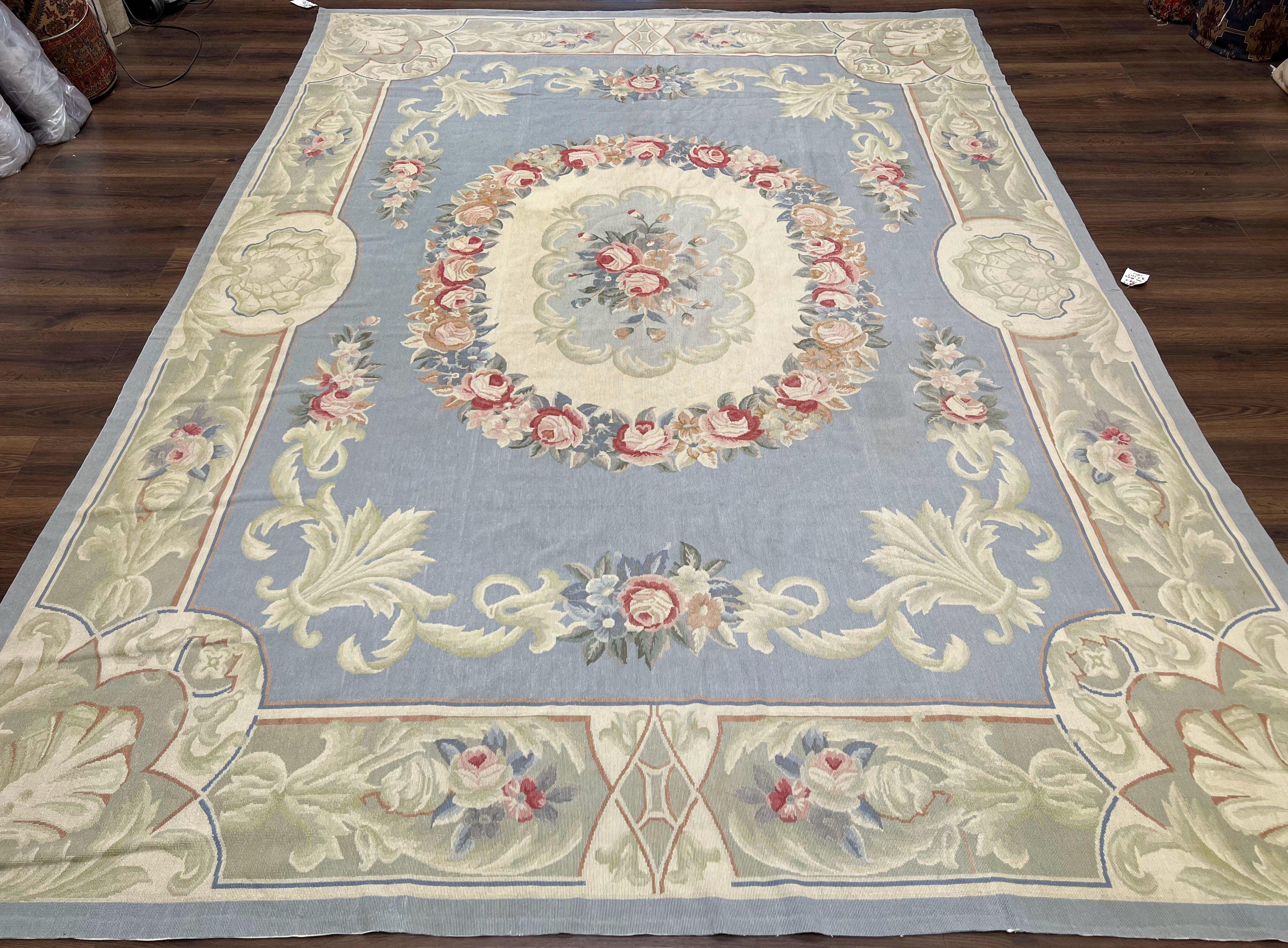 Aubusson Needlepoint Rug 8' 6" x 11' 6", Elegant French Aubusson Design Carpet, Vintage Savonnerie Flatpile Wool Floral Rug Light Blue Beige - Jewel Rugs