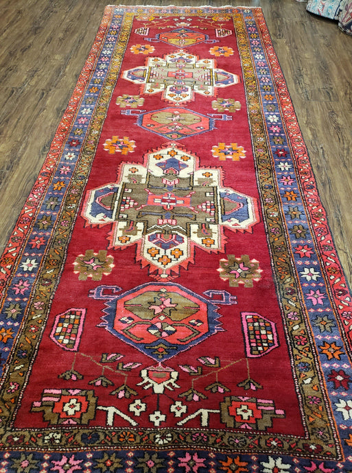 Semi Antique Persian Karajeh Runner Rug, Hand-Knotted, Wool, Medallions, 4'4