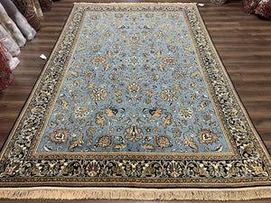 Marvelous Light Blue Persian Qum Rug 9x12, Top Quality Floral Allover Semi Antique Hand Knotted Authentic Ghom Qom Persian Carpet 9x12, Wool & Silk Highlights - Jewel Rugs
