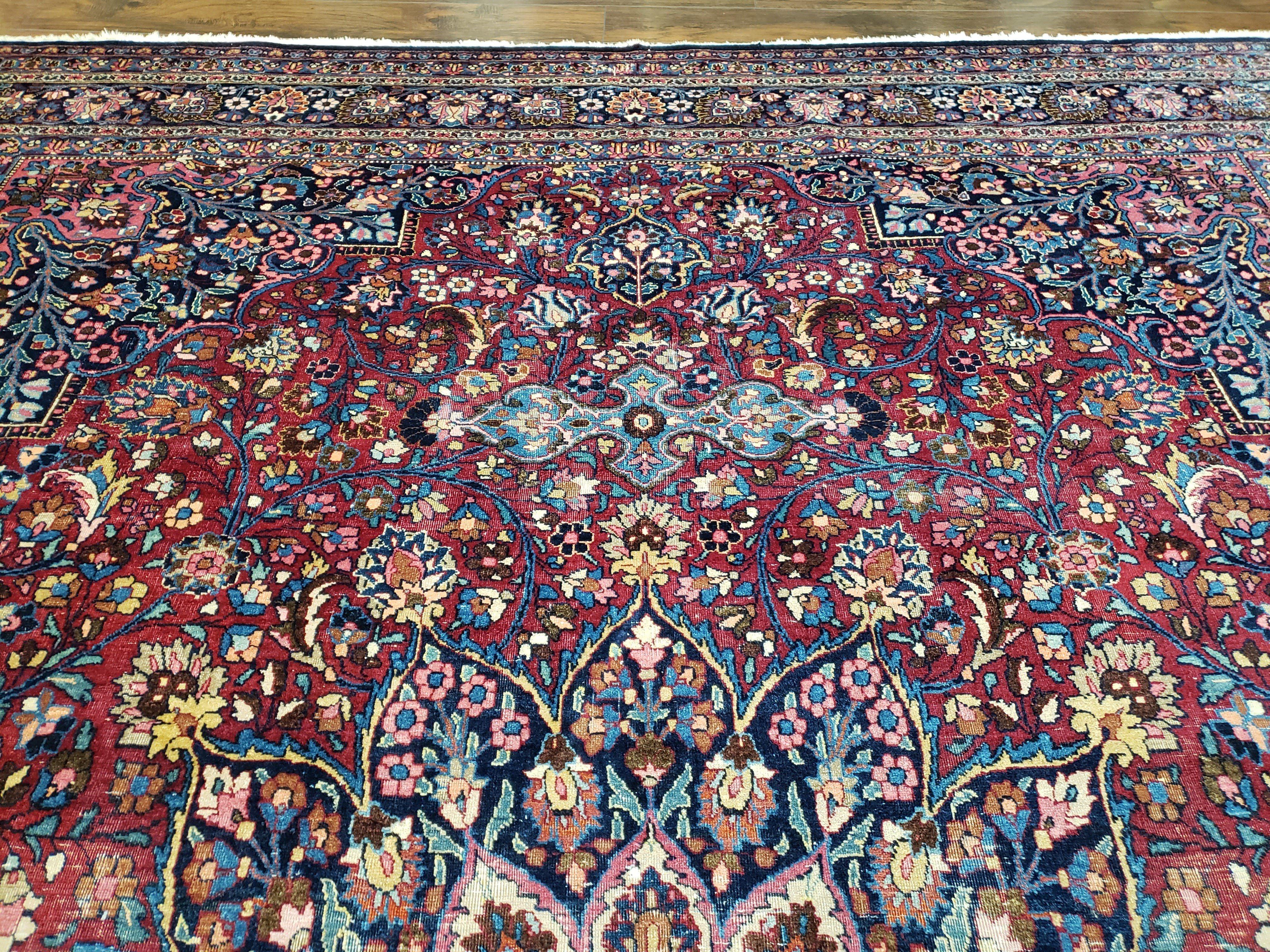 Antique Persian Mashad Rug, Palace Size, Hand-Knotted, Wool, Allover Floral with Medallion, Ruby Red and Dark Blue, 11' x 15' - Jewel Rugs