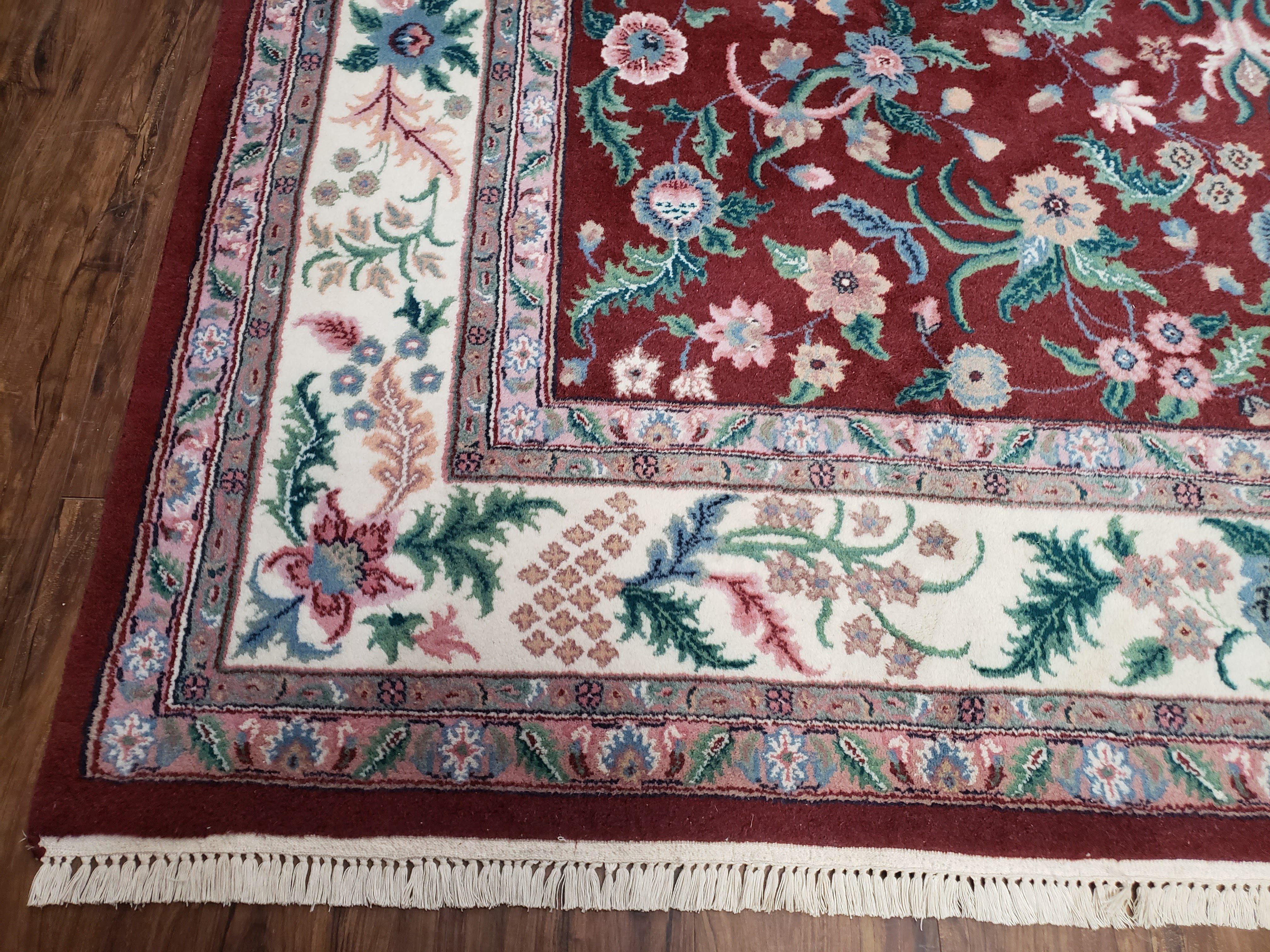 Indo Persian Rug 7.9 x 9.9 ft, Room Sized Indian Carpet, Wool Handmade Vintage Rug, Allover Floral Rug, Traditional Rug, Red Ivory Blue 8x10 - Jewel Rugs