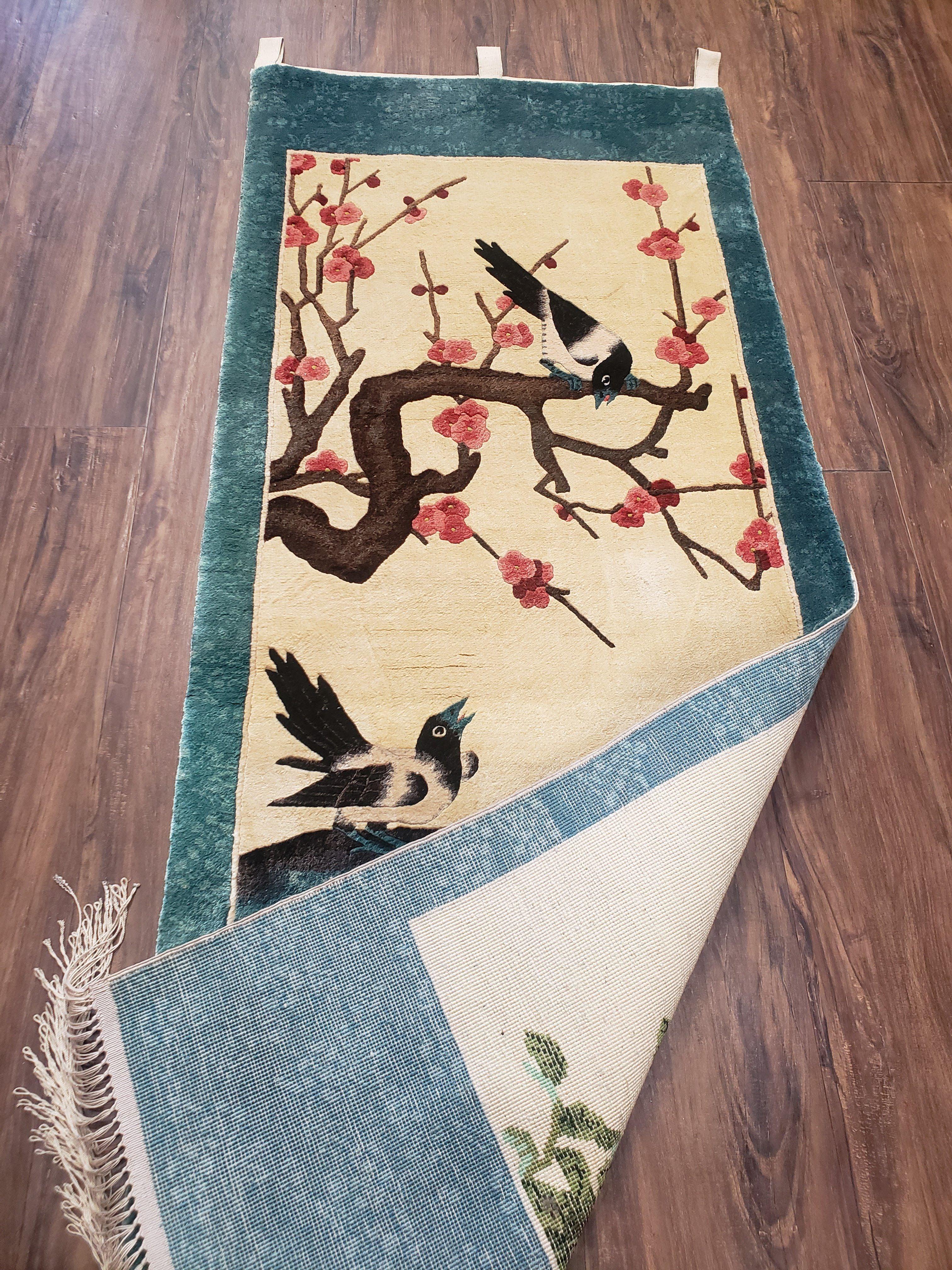 Vintage Chinese Silk Wall Hanging 2x5, Silk Hand-Knotted Cream & Teal Wall Art, Birds Tapestry Rug, Asian Oriental Tapestry Carpet, Pair B - Jewel Rugs