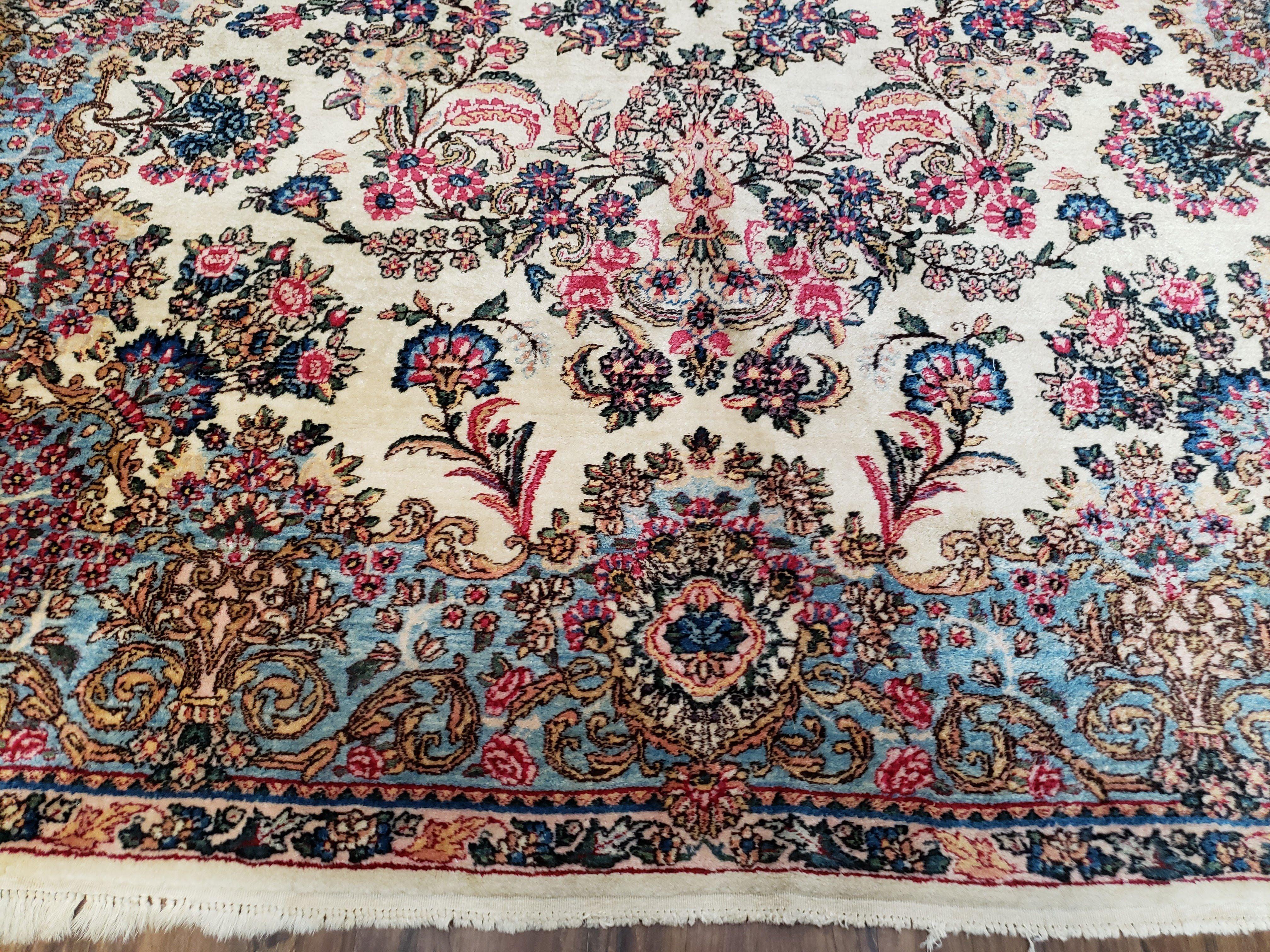 Antique Persian Kirman Rug, Ivory - Light Blue - Rose, Hand-Knotted, Wool, 5' 11" x 8' 11" - Jewel Rugs