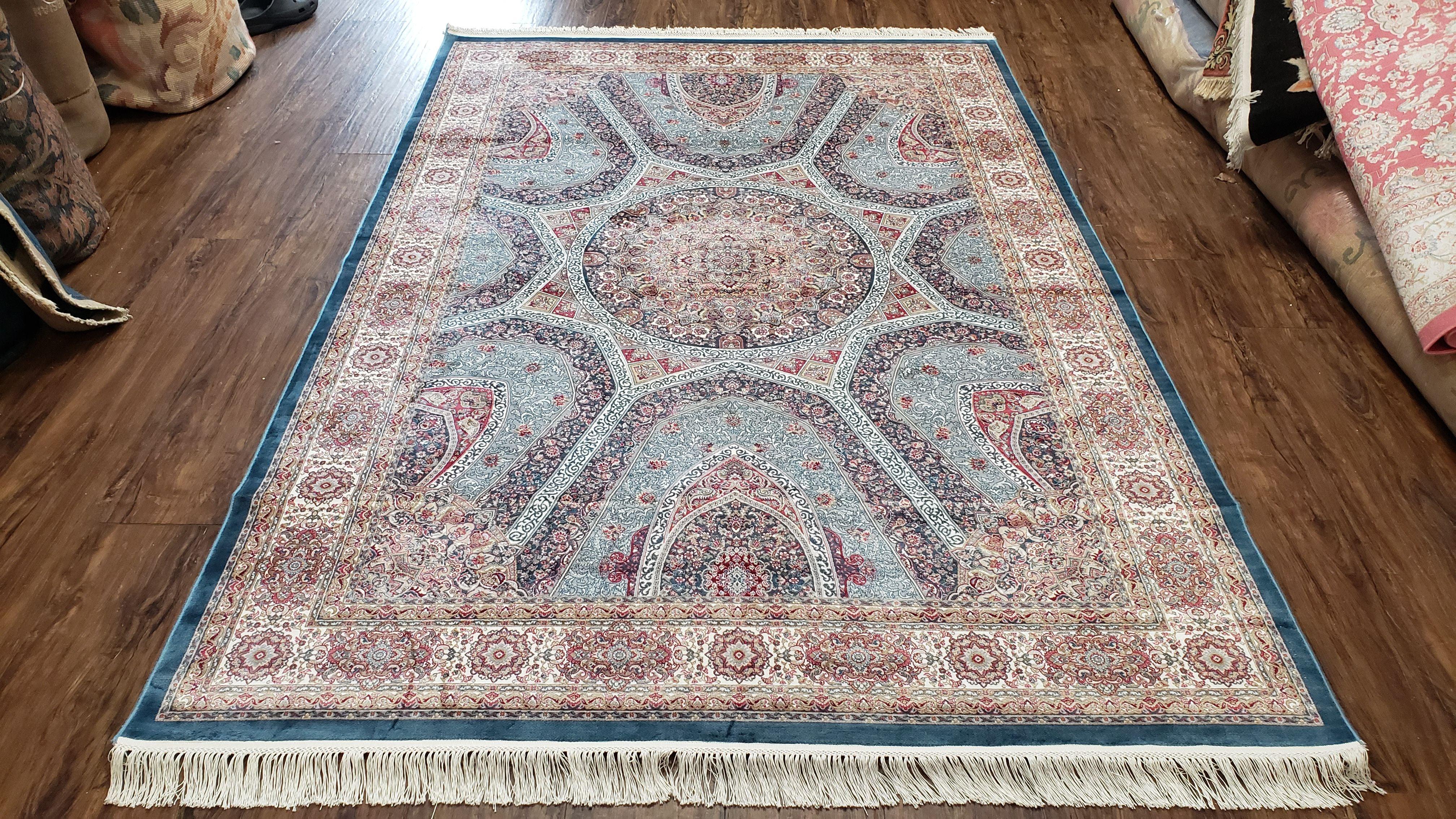 Silk Carpet 5.3 x 7.6 ft, Persian Design Silk Rug, Silk Area Rug, Bamboo Silk, Light Blue, Beige, Cream, High Quality, Soft Area Rug 5x7 - Jewel Rugs