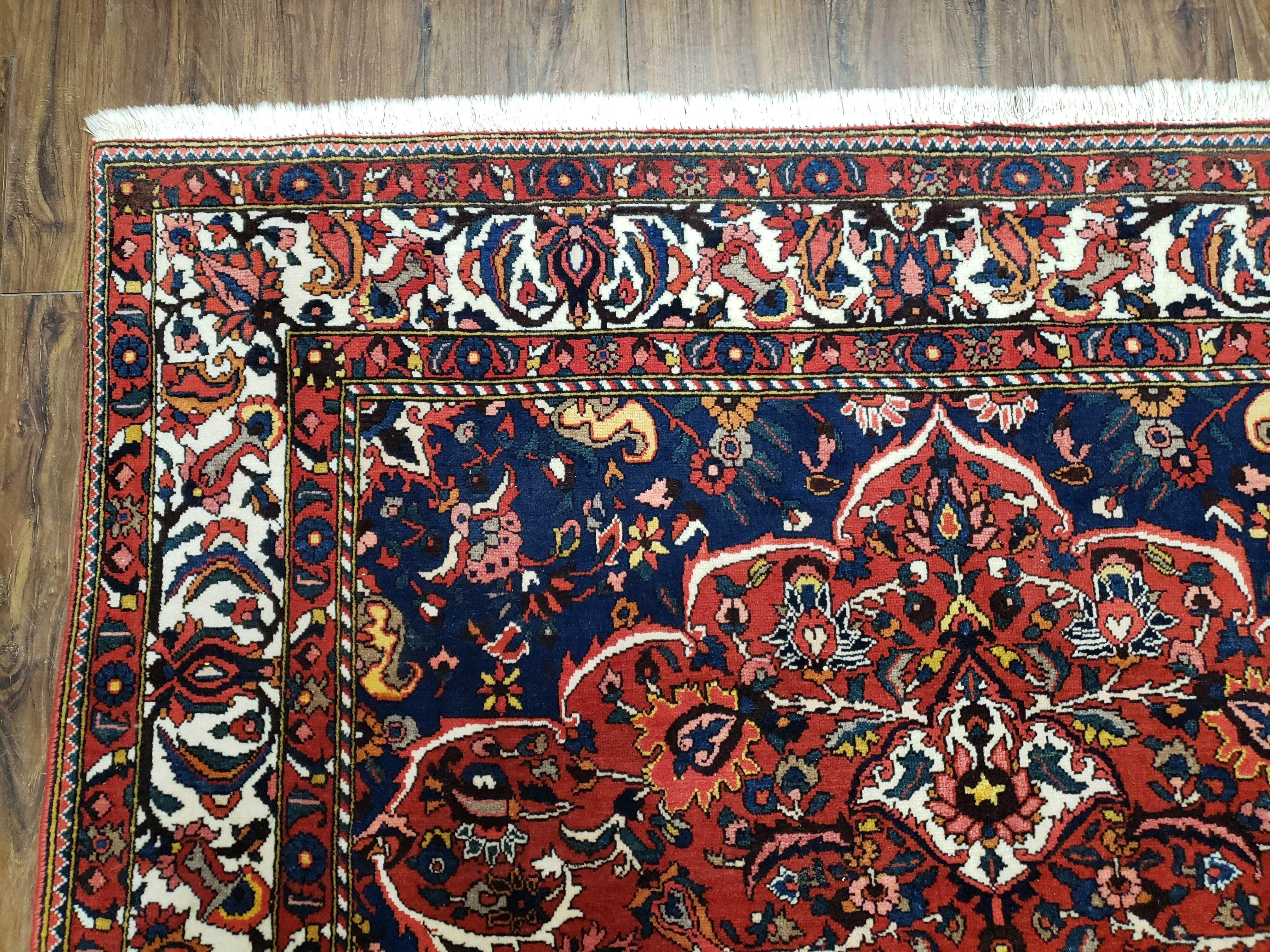 Semi Antique Persian Bakhtiari Rug, Hand-Knotted, Wool, Red, Midnight Blue, Ivory, Floral Medallion, 5'1" x 8' 6" - Jewel Rugs