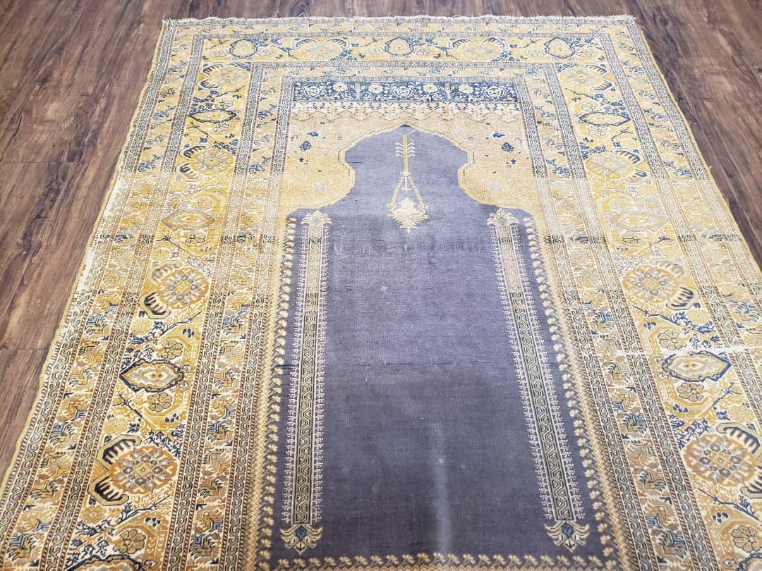 Rare Turkish Ghiordes Prayer Rug 4 x 5.8 ft, Late 19th Century Turkish Oriental Carpet, Mehrab Antique Prayer Rug, Museum Quality, Blue, Tan - Jewel Rugs