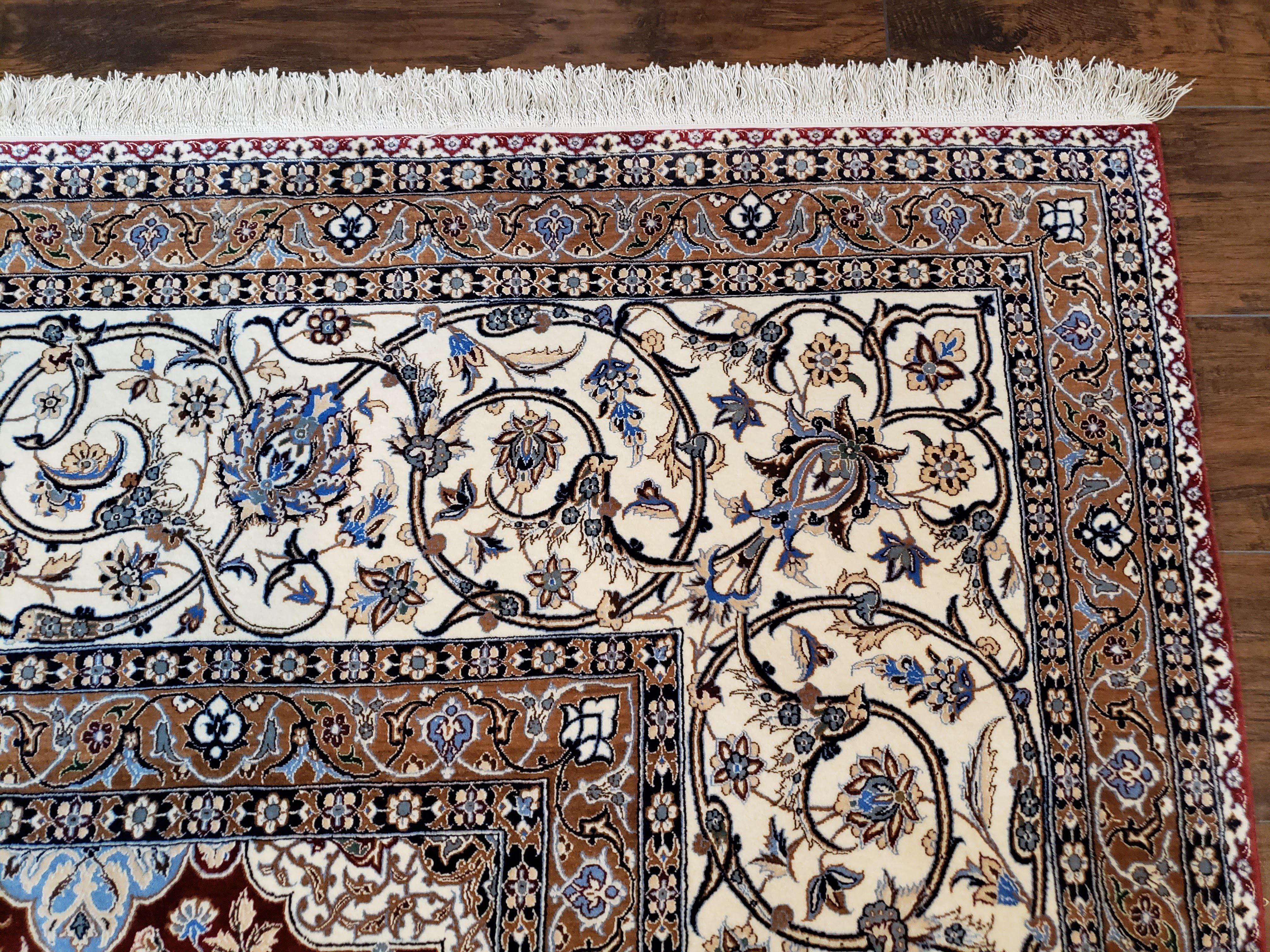 Vintage Persian Nain, Wool on Silk Foundation, Ivory & Maroon, Hand-Knotted, 11' 1" x 14' 9" - Jewel Rugs