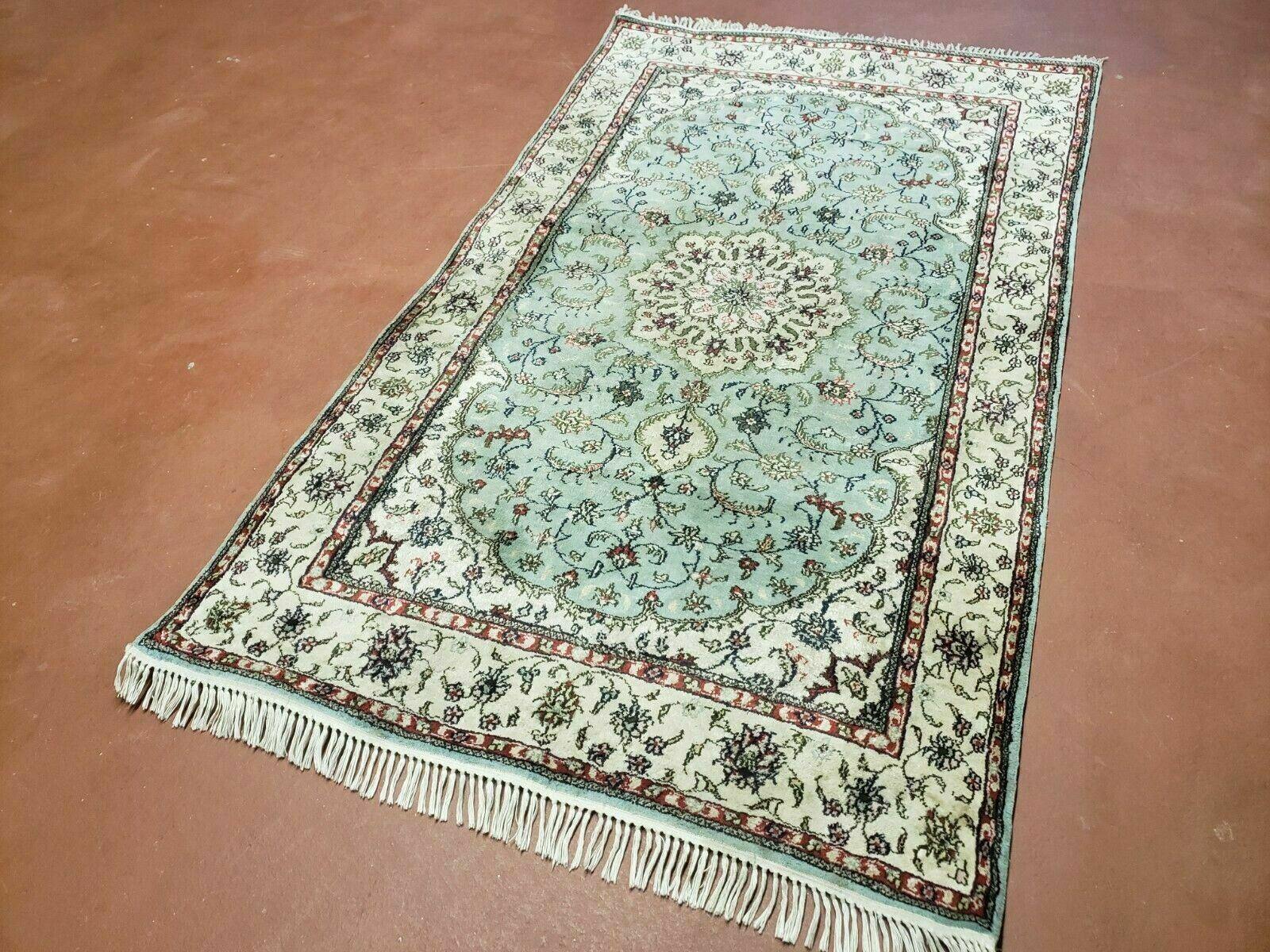 Silk Turkish Kayseri Rug 3x5, Light Mint Green and Ivory, Vintage Fine Silk Hand Knotted Oriental Carpet 3 x 5 ft, Floral Medallion, Nice - Jewel Rugs
