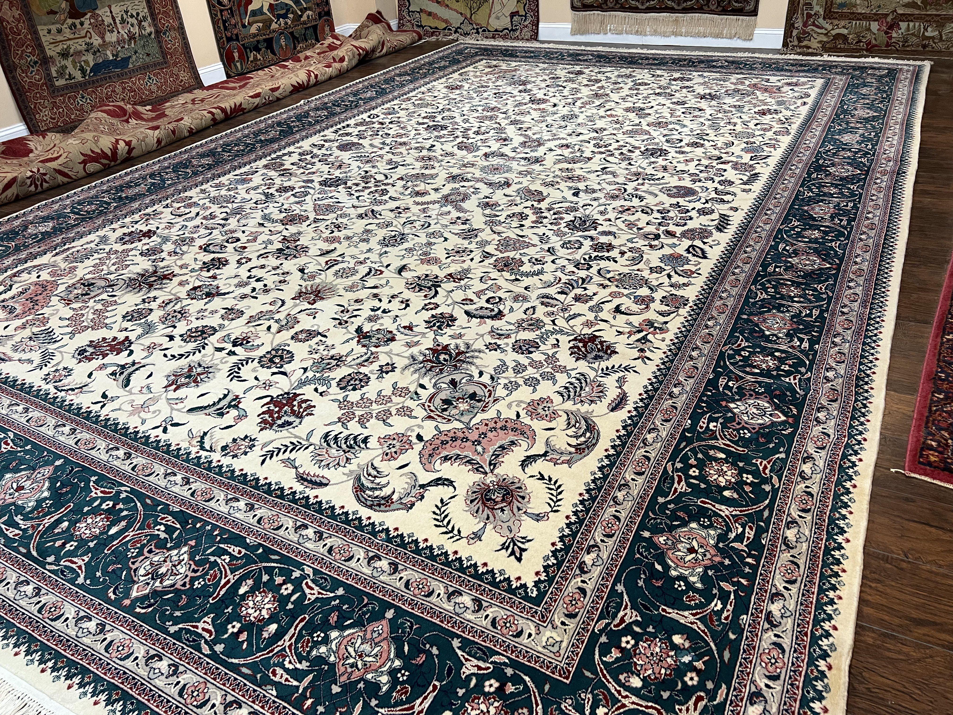 Oversized Persian Rug 12x18, Palace Sized Wool Oriental Carpet Handmade, Ivory/Cream Midnight Green, Floral Allover, Elegant, Traditional - Jewel Rugs