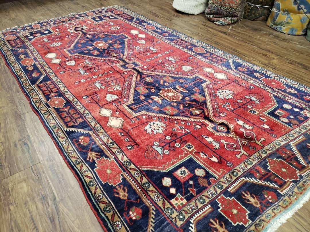 Antique Persian Zanjan Nahavand Heriz Rug, Red & Blue, Hand-Knotted, 5' x 9' 7" - Jewel Rugs