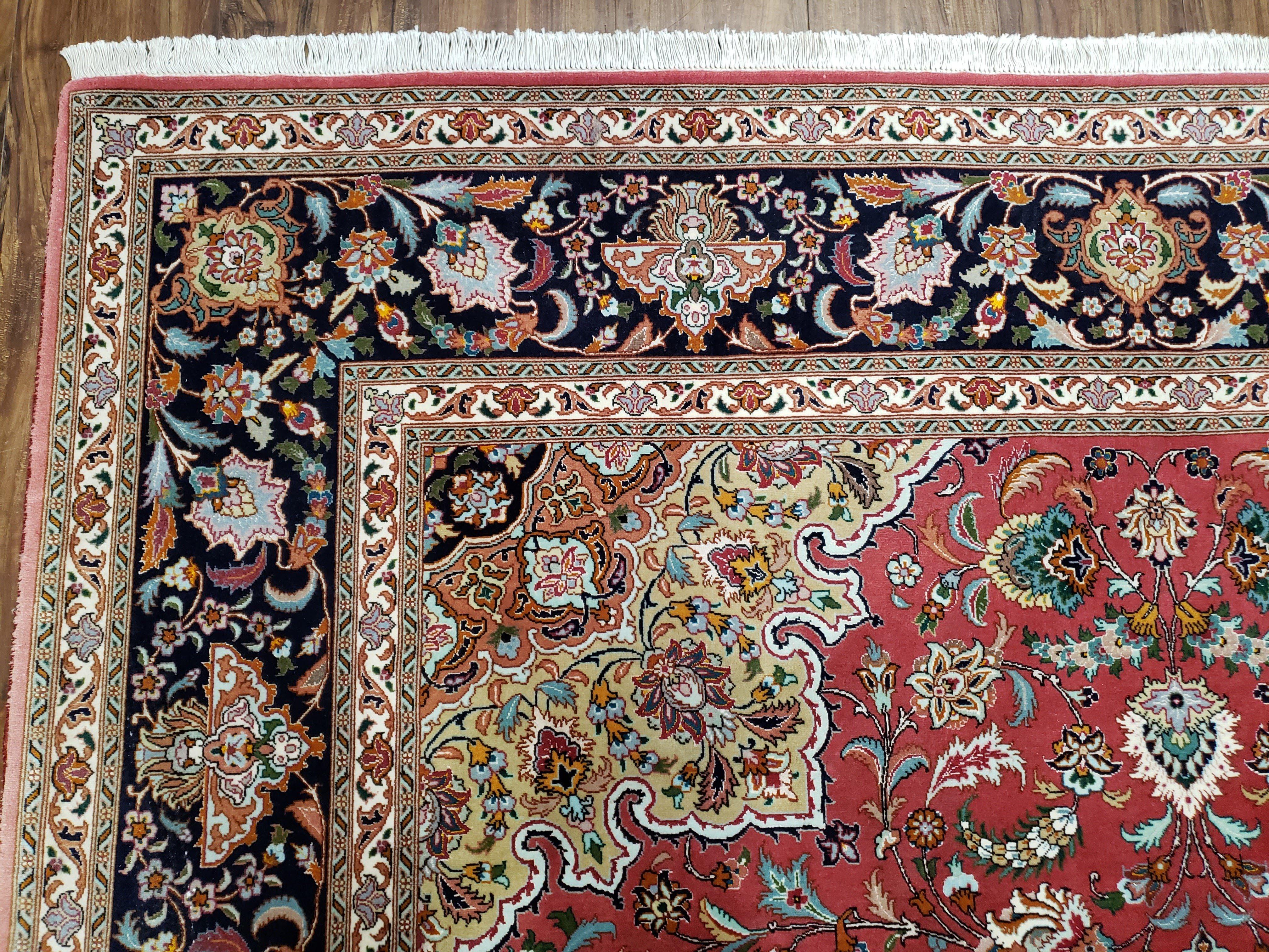 Vintage Persian Tabriz Rug 6.7 x 9.9, Wool Hand-Knotted Salmon Pink & Dark Blue Floral Medallion Carpet, Traditional Fine Persian Oriental Rug - Jewel Rugs