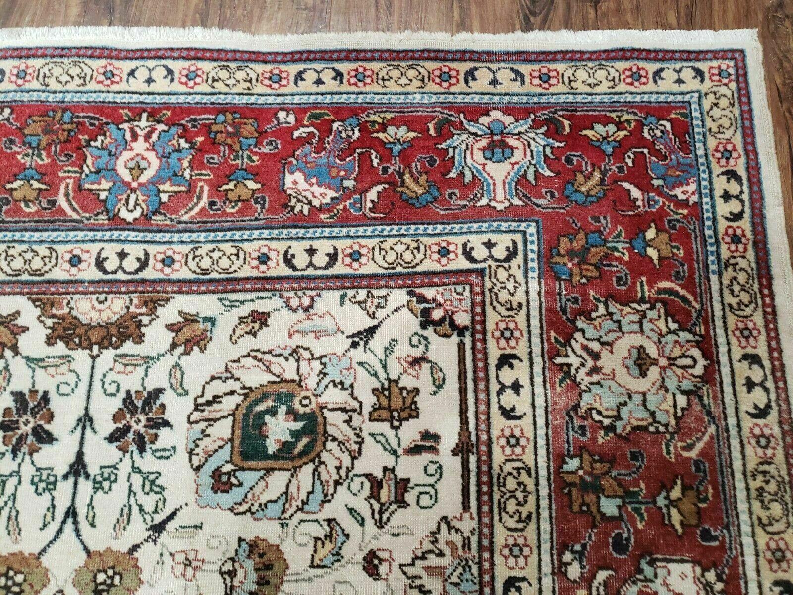 Antique Persian Tabriz Rug 9x12, Hand Knotted Oriental Carpet 9 x 12 ft, Vintage Wool Room Sized Rug, Cream and Red, Floral Allover Handmade Rug - Jewel Rugs