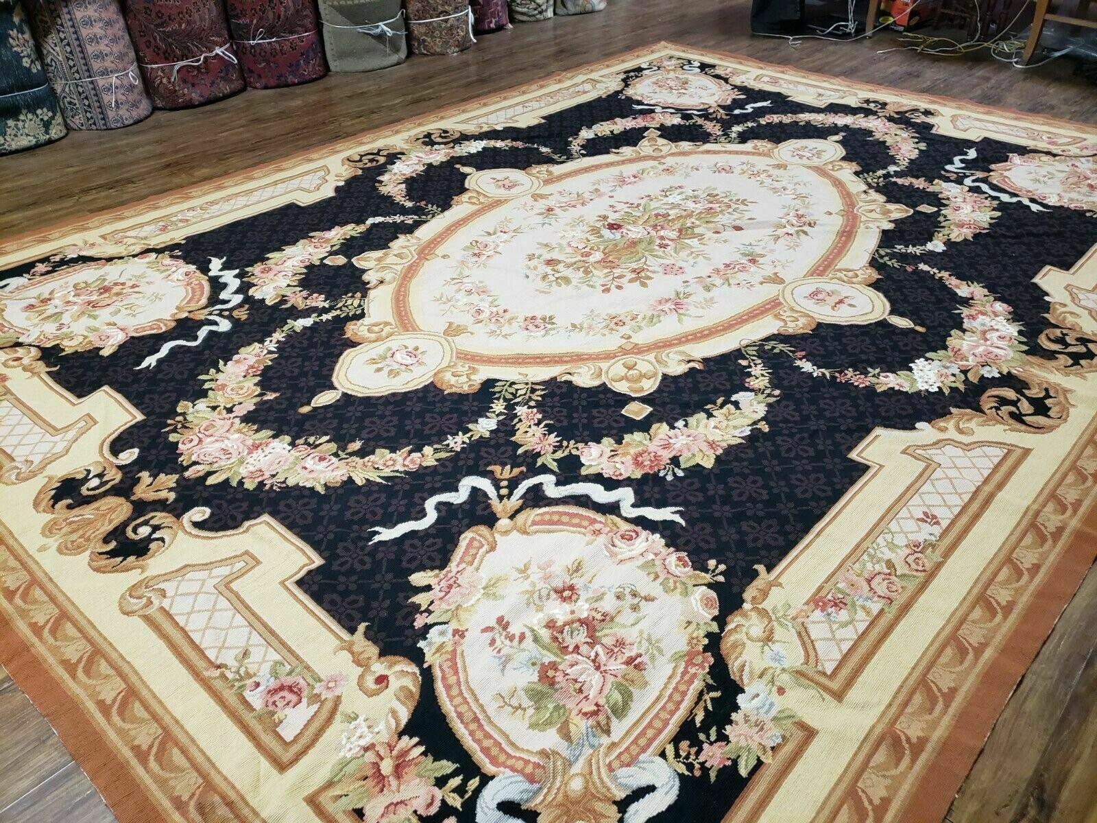 9' X 12' Handmade French Aubusson Savonnerie Needlepoint Rug Black Beige Nice - Jewel Rugs