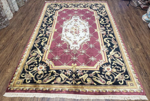 Vintage Nepalese Aubusson Area Rug 6x9, Pure Wool Hand-Knotted Black & Hibiscus Red Tibetan Carpet, Soft Plush Pile, 6 x 9 Savonnerie Rug - Jewel Rugs
