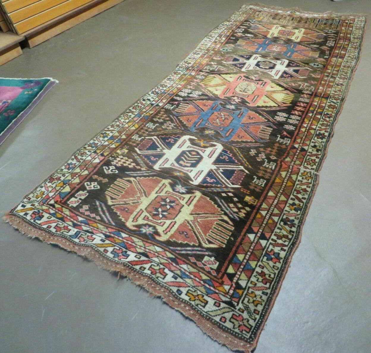 Antique Persian Runner Rug 3.7 x 9, Persian Shiraz Khamesh Rug, Geometric Medallions, Black Multicolor Hand Knotted Wool Hallway Rug, Tribal Animal Motifs, 9ft Runner - Jewel Rugs