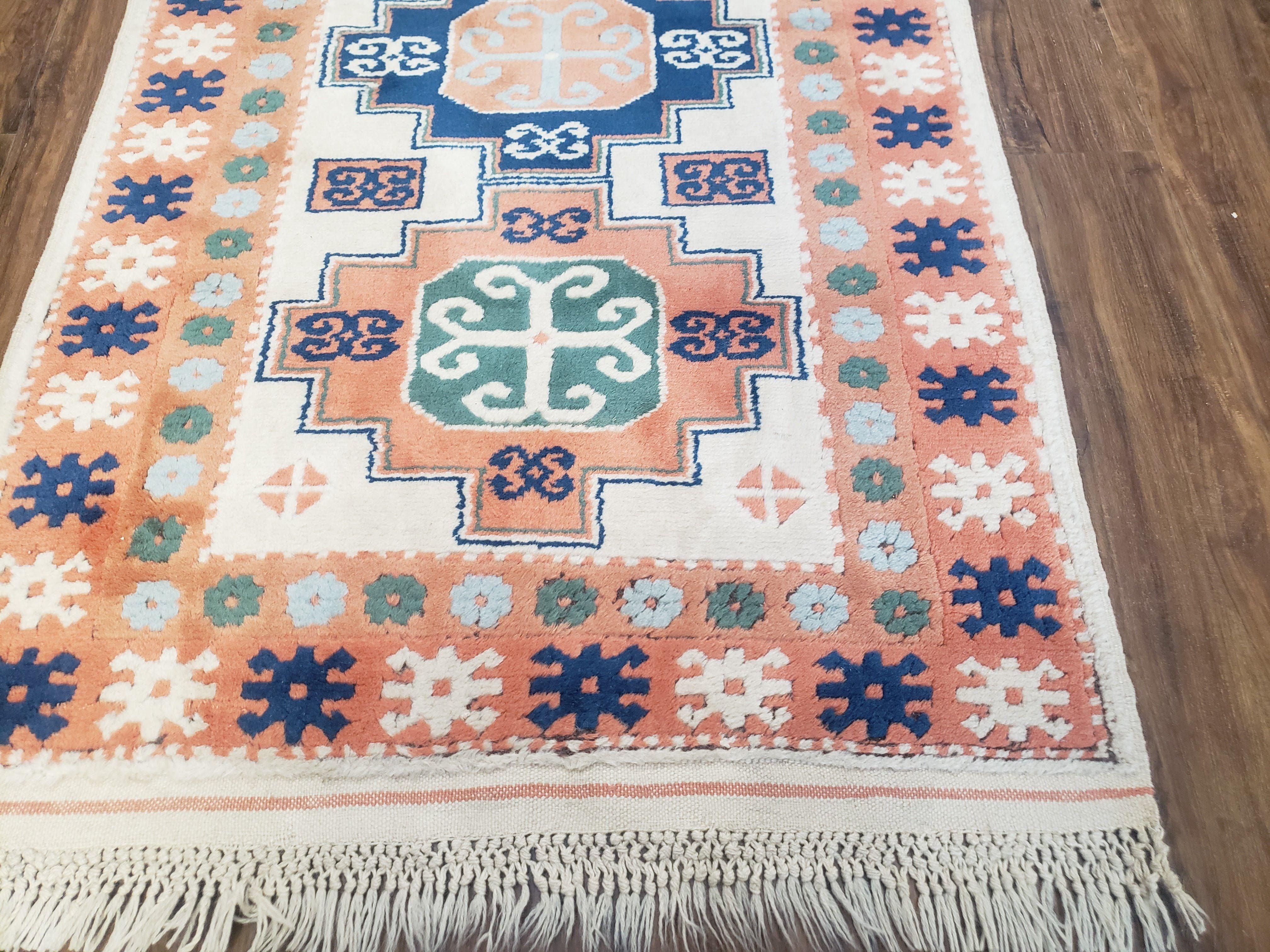 1960s Vintage Turkish Kazak Area Rug 3x5, Wool Hand-Knotted Ivory & Peach Tribal Style Carpet, 3 x 5 Soft Pile Living Room Carpet, Boho Rug - Jewel Rugs