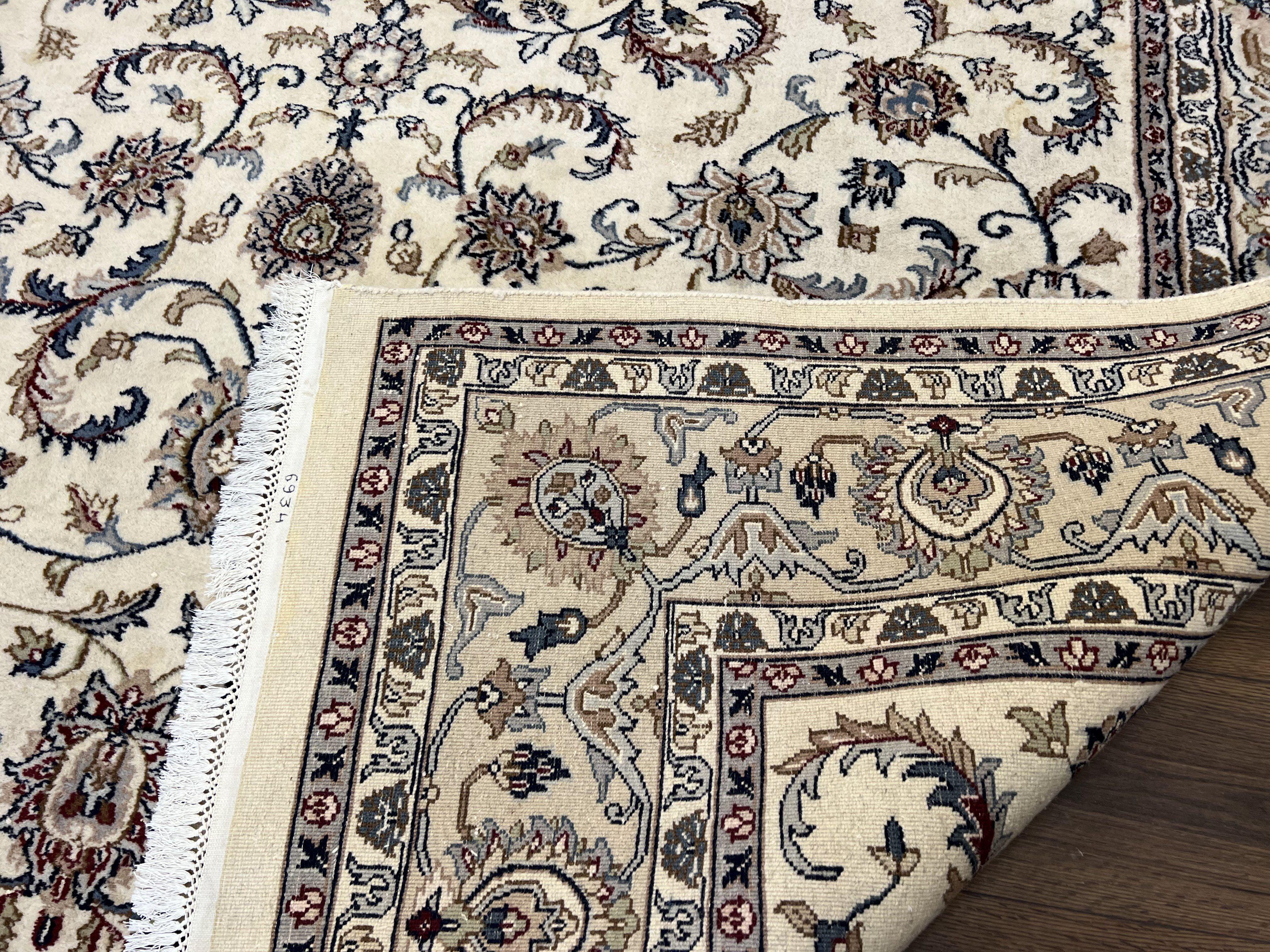 Indo Persian Area Rug 8x10, Wool Rug, Indian Oriental Carpet 8 x 10, Hand-Knotted Vintage Rug, Floral Allover, Ivory Light Gray Taupe Teal - Jewel Rugs