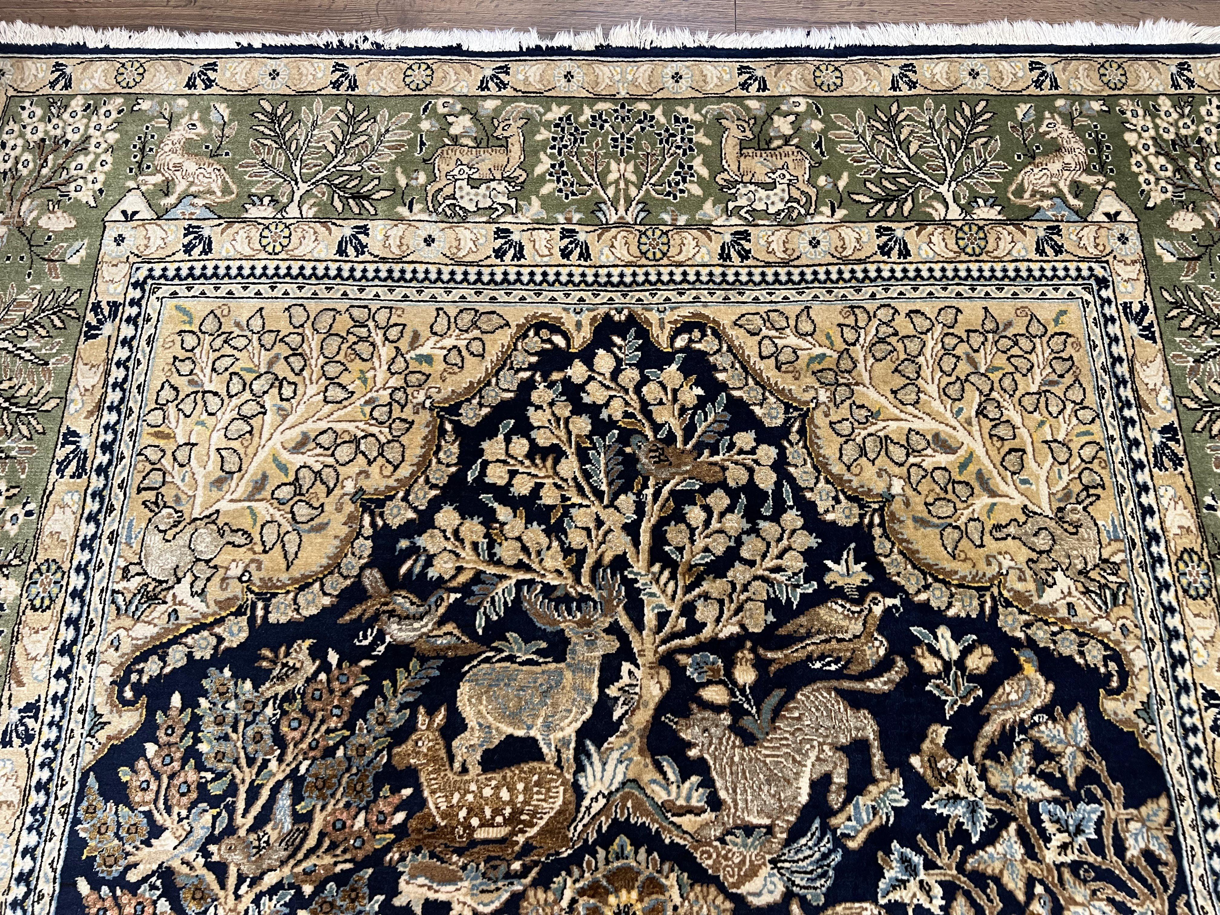 Wonderful Persian Qum Rug 6x9, Animal Pictorials, Tree of Life, Deer Birds, Hand Knotted Oriental Ghom Carpet, Semi Antique Vintage, Navy Blue Green - Jewel Rugs