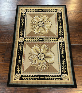 Small Needlepoint Rug 2x3 ft, Flatweave Vintage Handmade Hand-woven Needlepoint Carpet 2 x 3, Wool, Fine, Floral Panel, Beige Tan Black