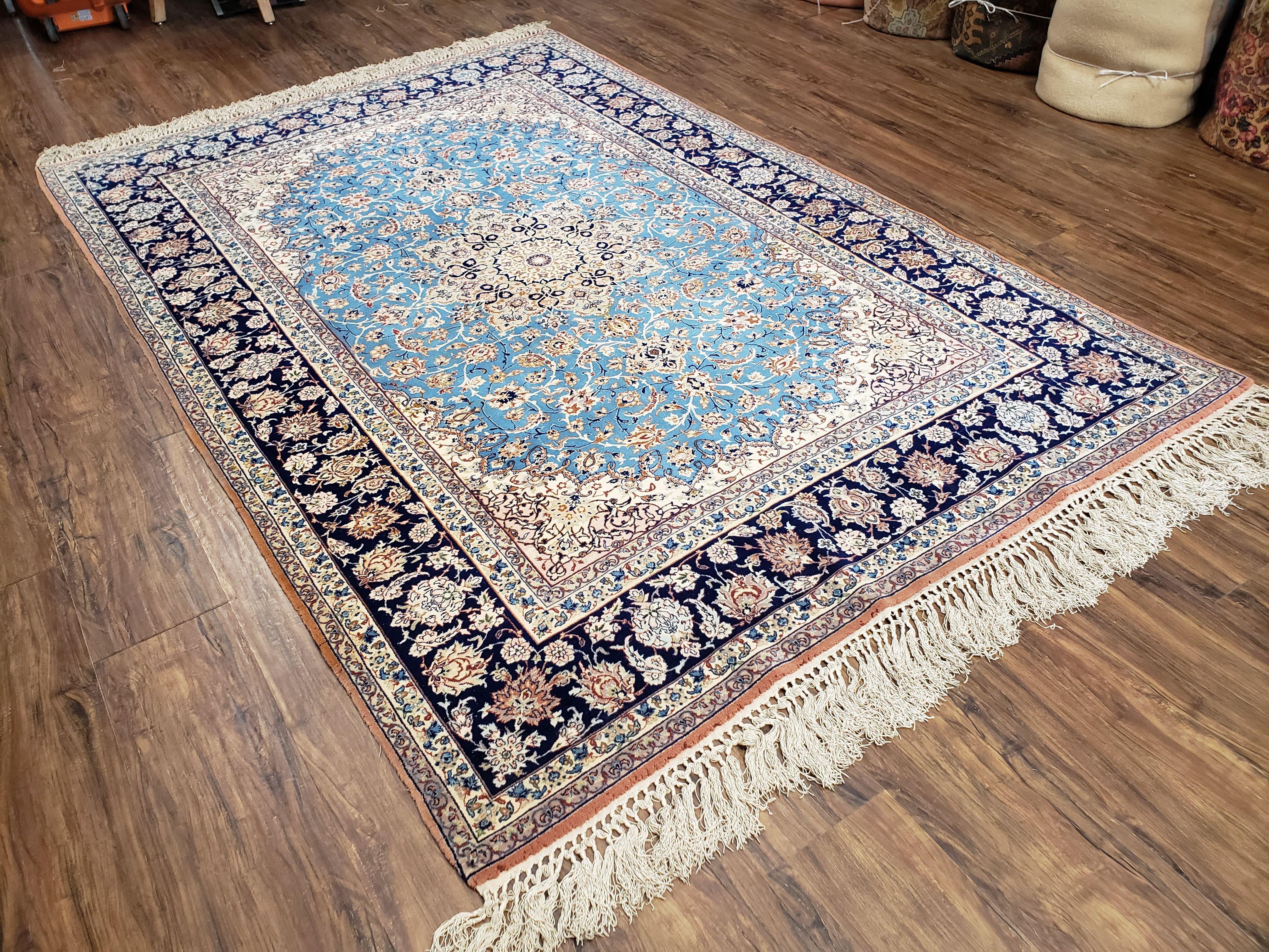 Semi Antique Persian Isfahan Rug, Kork Wool on Silk Foundation, Sky Blue, Hand-Knotted, 5' 1" x 7' 8" - Jewel Rugs