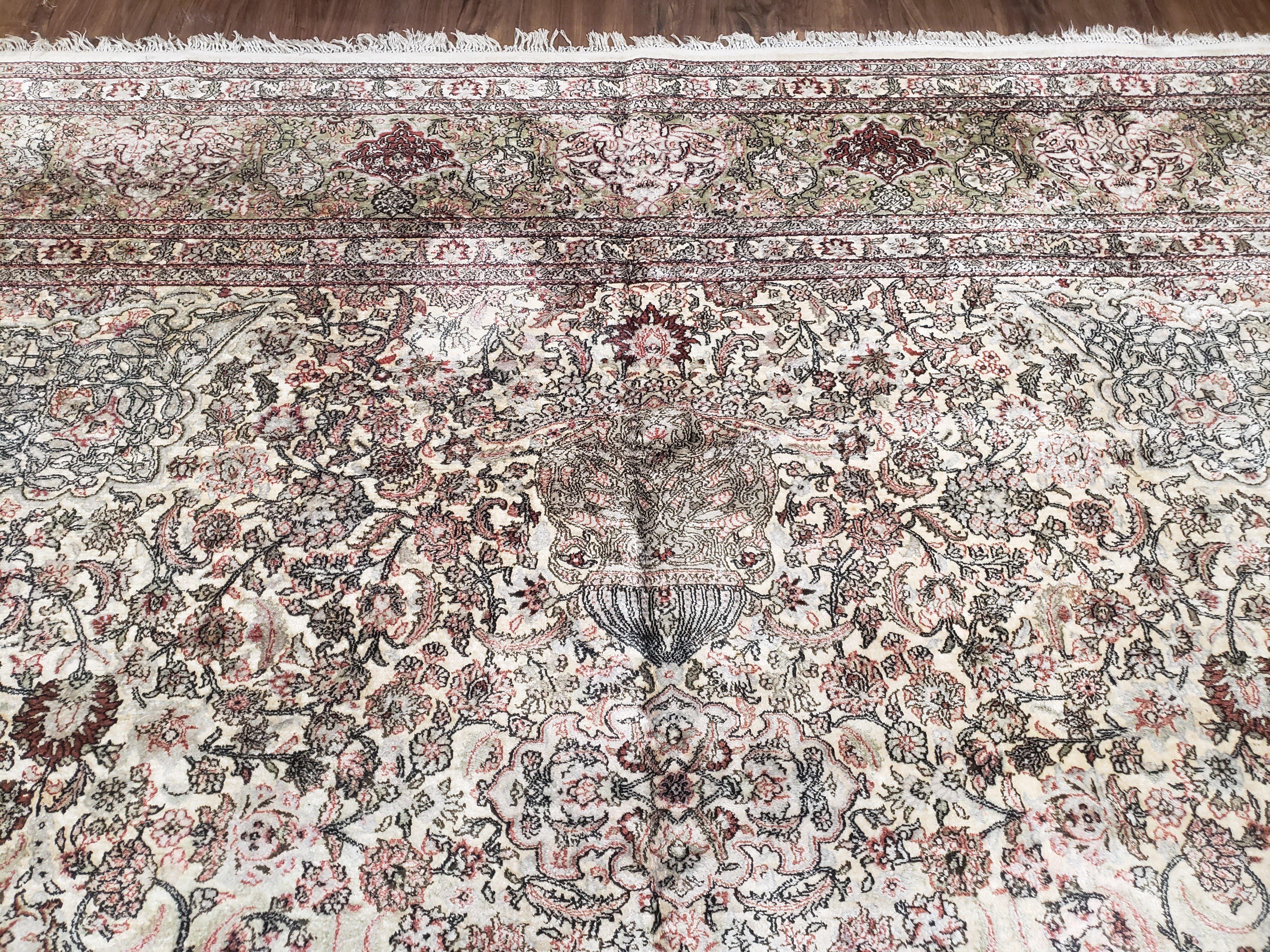 Vintage Indian Room Sized Silk Rug 8x10, Indo Kashmiri Carpet, Hand-Knotted Persian Oriental Carpet, Floral Medallion Allover Pattern, Ivory - Jewel Rugs