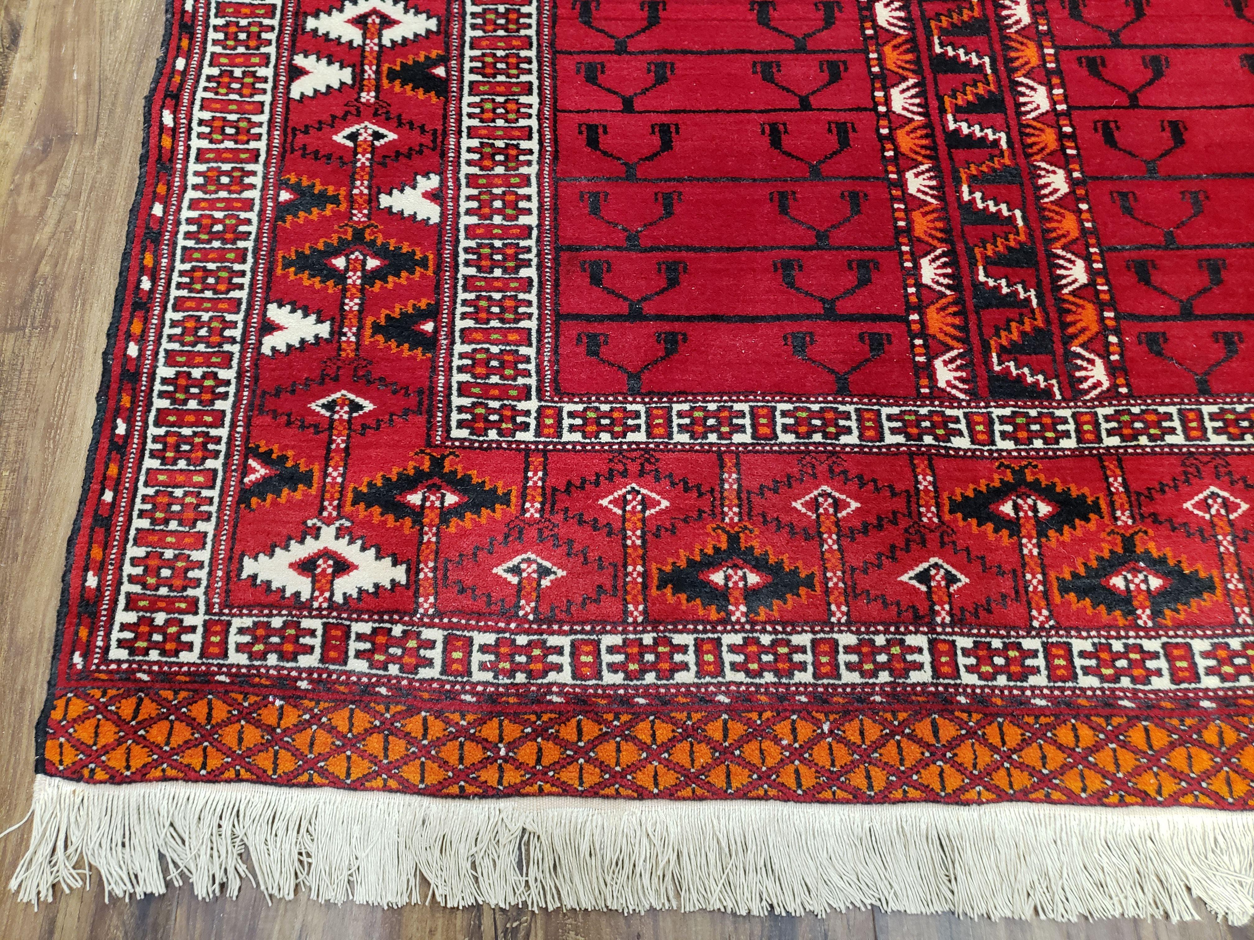 Antique Persian Turkoman Rug 4x5, Hatchli Tekkeh Ersari Red Tribal Rug, Handmade Wool Oriental Carpet, Four Seasons Rug - Jewel Rugs