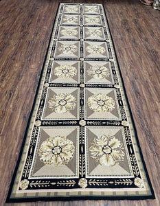 Needlepoint Runner Rug 3x11 English Floral Panel Design Rug, Flatweave Runner Rug, Chinese Runner Rug, Black Beige Wool Hand-Woven Vintage - Jewel Rugs