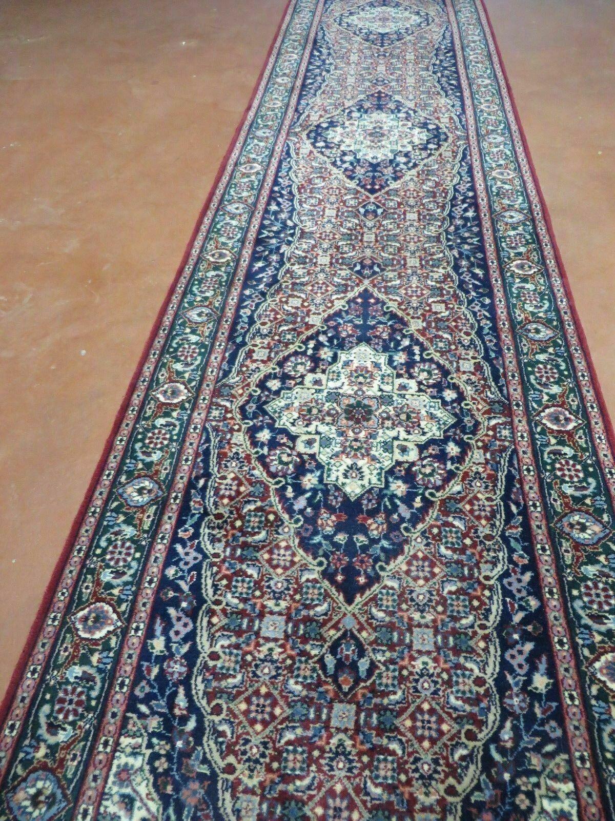 2' 6" X 12' Vintage Handmade India Floral Blue & Red Wool Runner Rug Oriental Carpet - Jewel Rugs