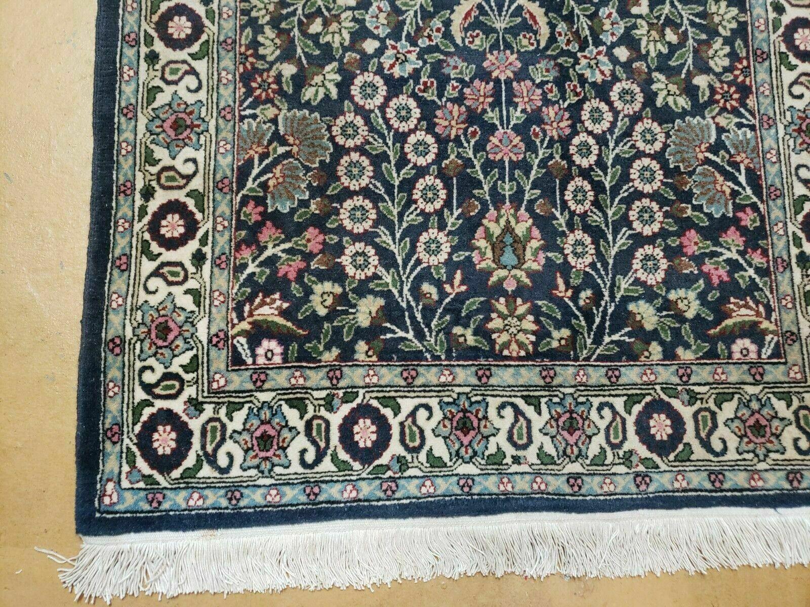 3' X 4' Vintage Handmade India Jaipur Floral Wool Rug Carpet Nice Dark Blue - Jewel Rugs