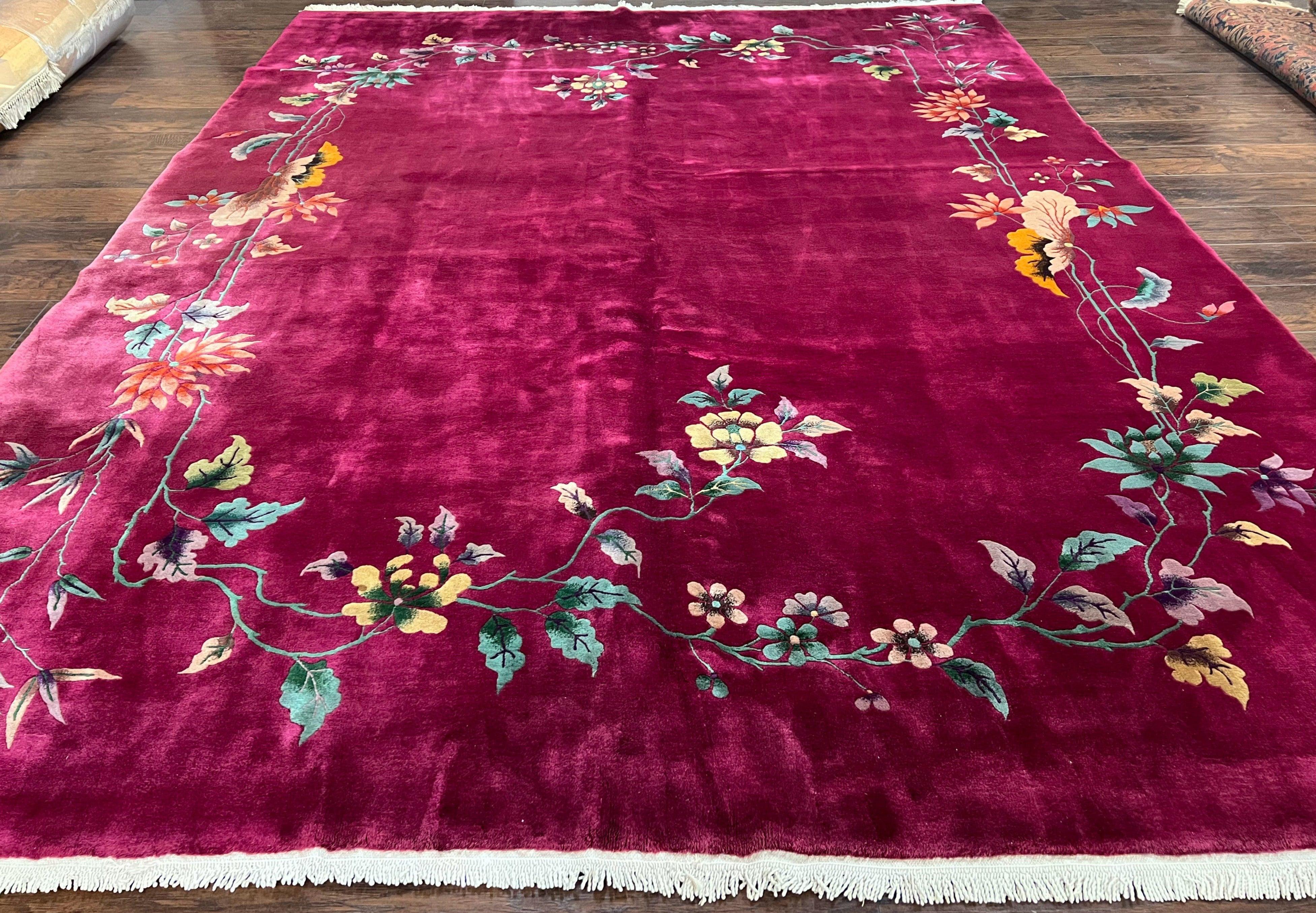 Antique Chinese Art Deco Rug 8.9 x 11.5, Chinese Nichols Carpet Purple/Red, Hand Knotted Wool Area Rug 9x12 Open Field Simple Design Flowers - Jewel Rugs