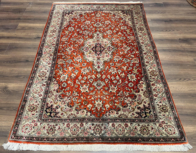 Stunning Persian Qum Silk Rug 5x7, Silk on Silk Carpet, Floral Medallion Birds, Burnt Orange and Cream, High KPSI, Very Fine Vintage Oriental Ghom Carpet, Authentic - Jewel Rugs