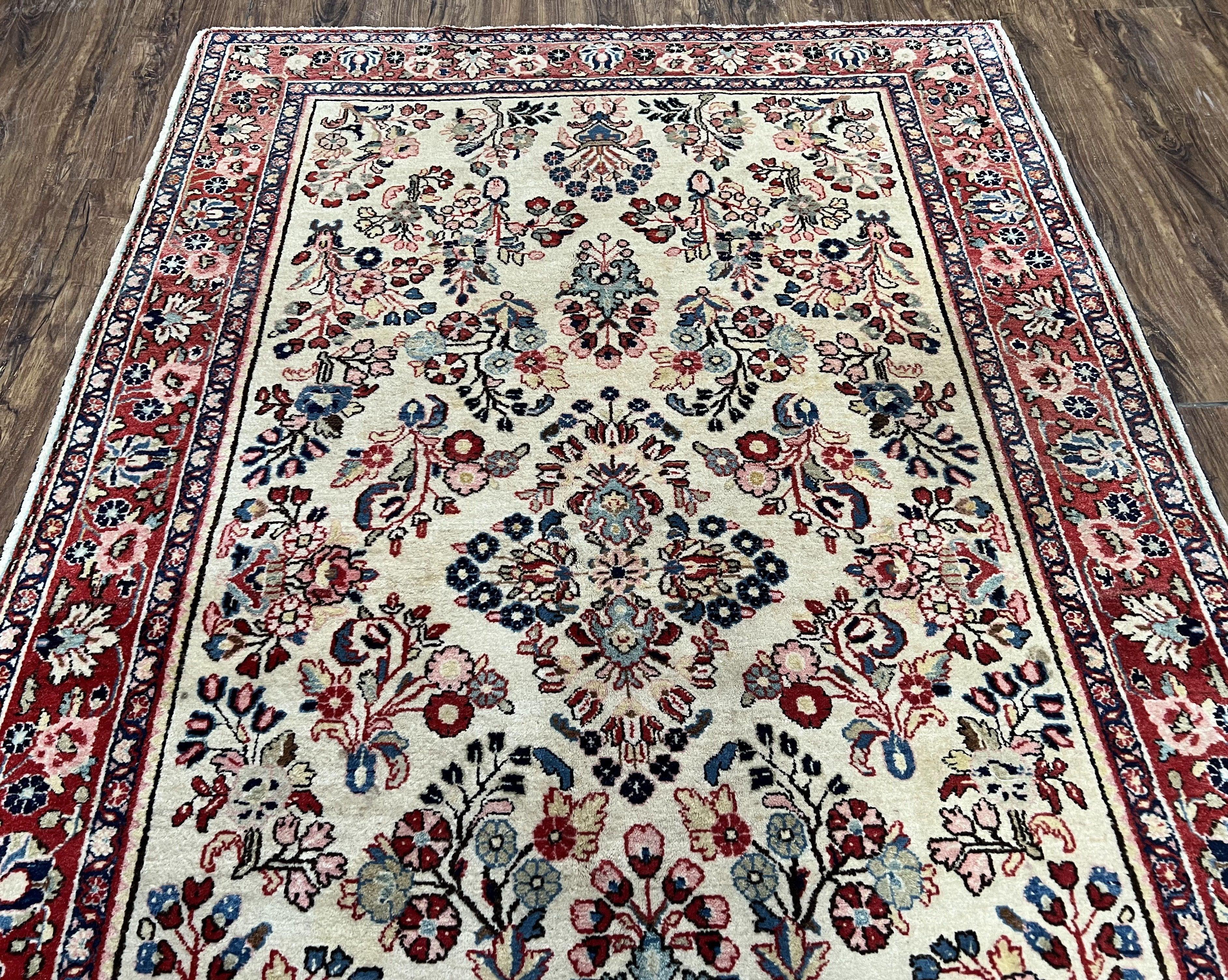 Vintage Persian Sarouk Carpet 4.2 x 6.8, Light Colored Field, Wool Persian Rug 4x7, Hand-Knotted Rug, Allover Floral Pattern, Cream Red Blue, Nice - Jewel Rugs