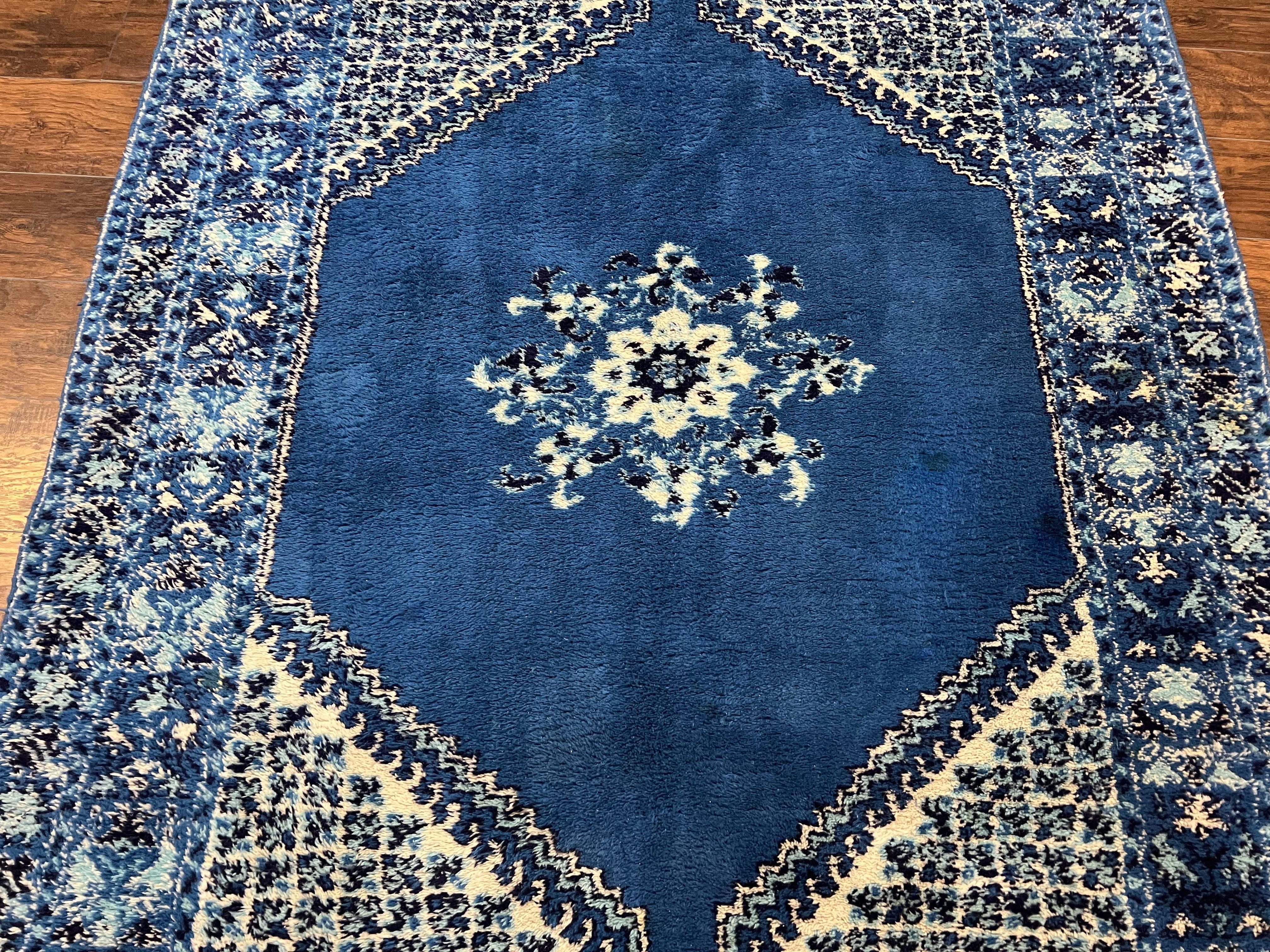 Vintage Moroccan Rug 5.6 x 7.6, Blue and Ivory Area Rug, Hand-Knotted Oriental Carpet, Geometric Medallion Open Field, Soft Wool Rug, Nice - Jewel Rugs