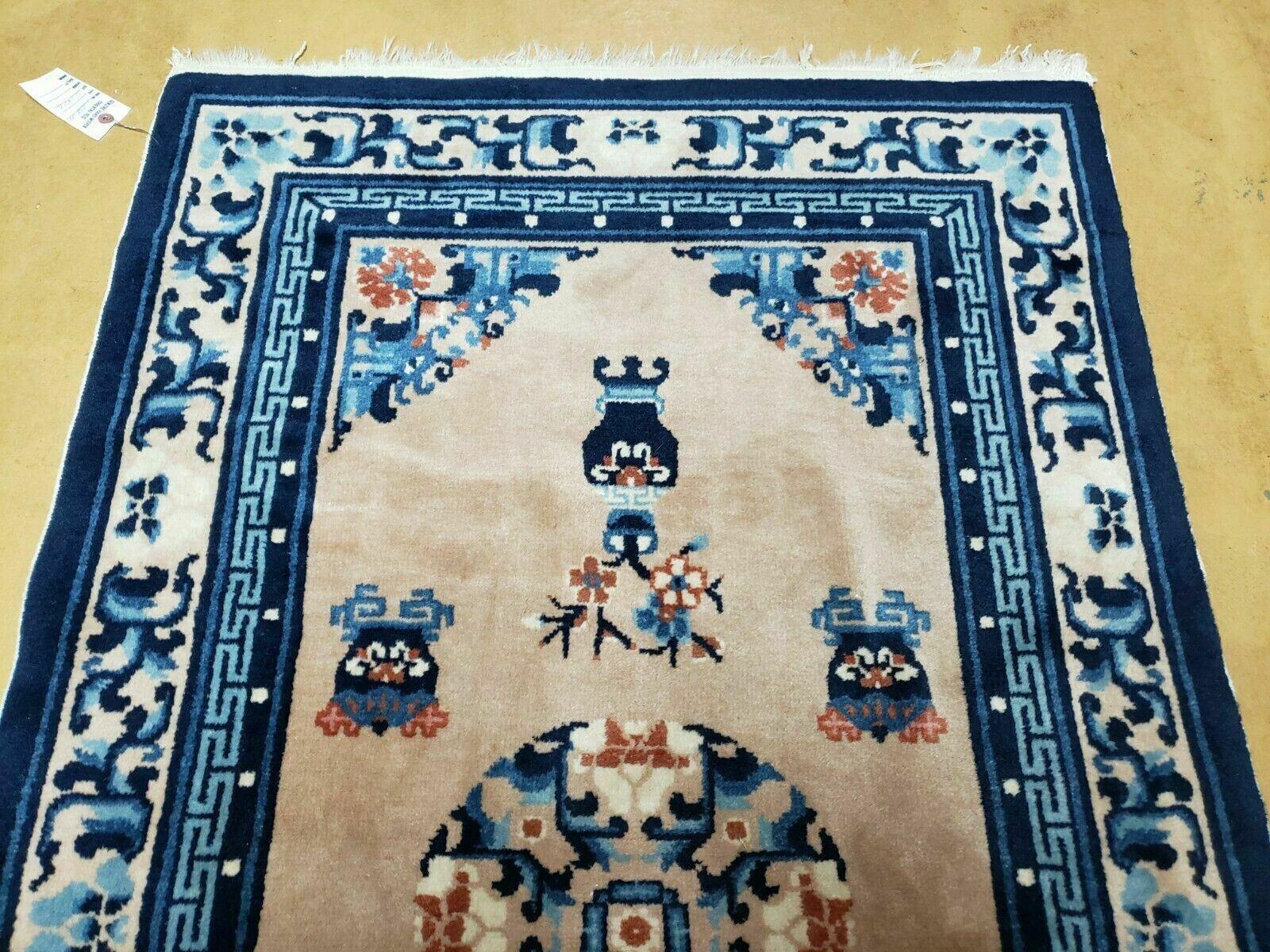 3' X 5' 8" Handmade Art Deco Chinese Wool Rug Peking Blue and Beige Carpet - Jewel Rugs